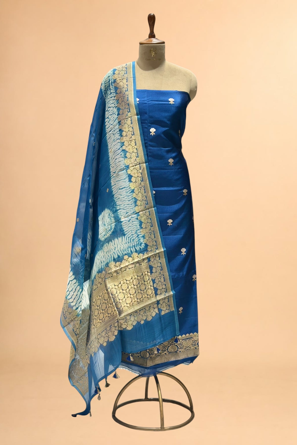 Navy Blue Pure Soft Silk Suit Set With Organza Shibori Dye Dupatta