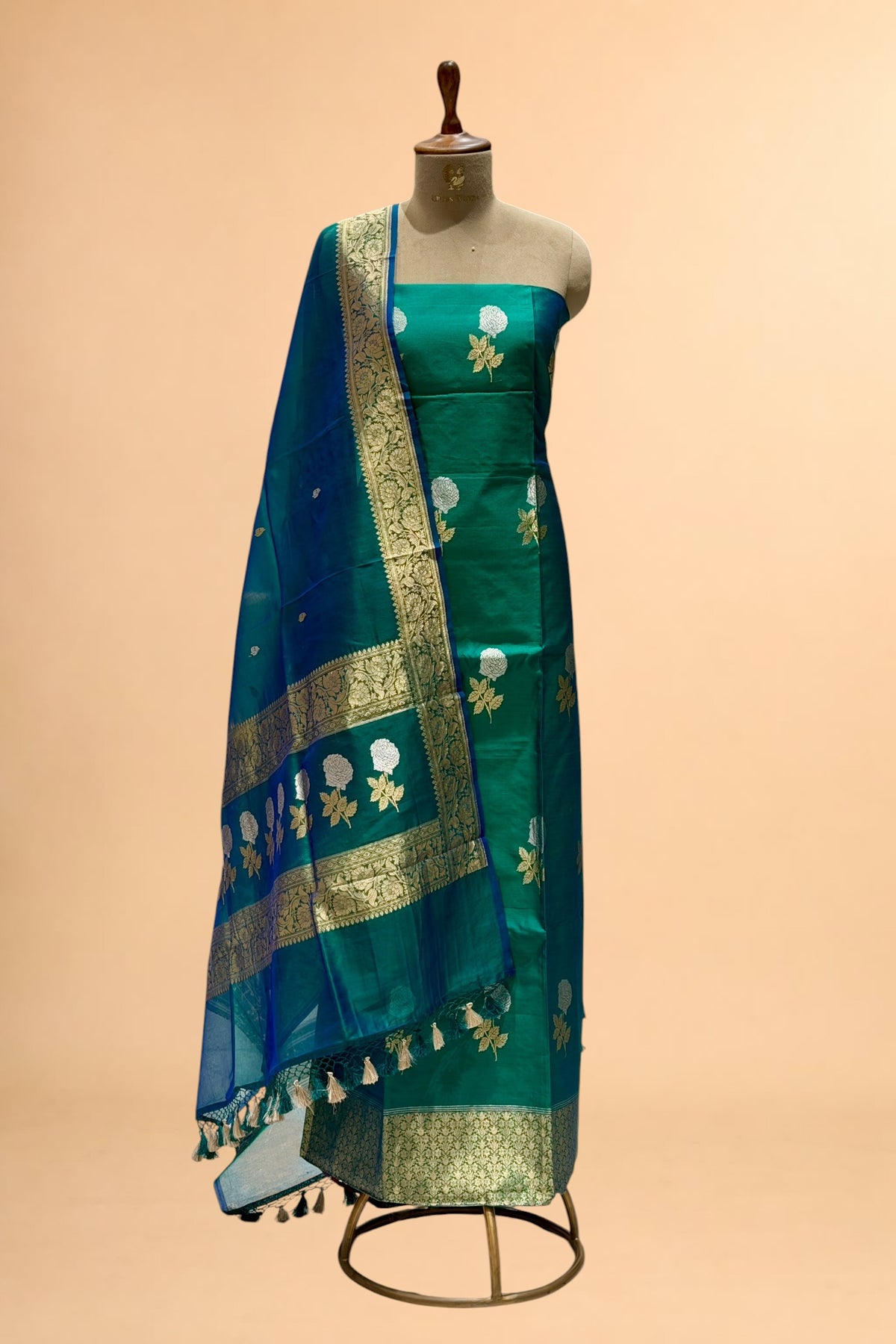 Peacock Green Pure Chiniya Silk Suit Set