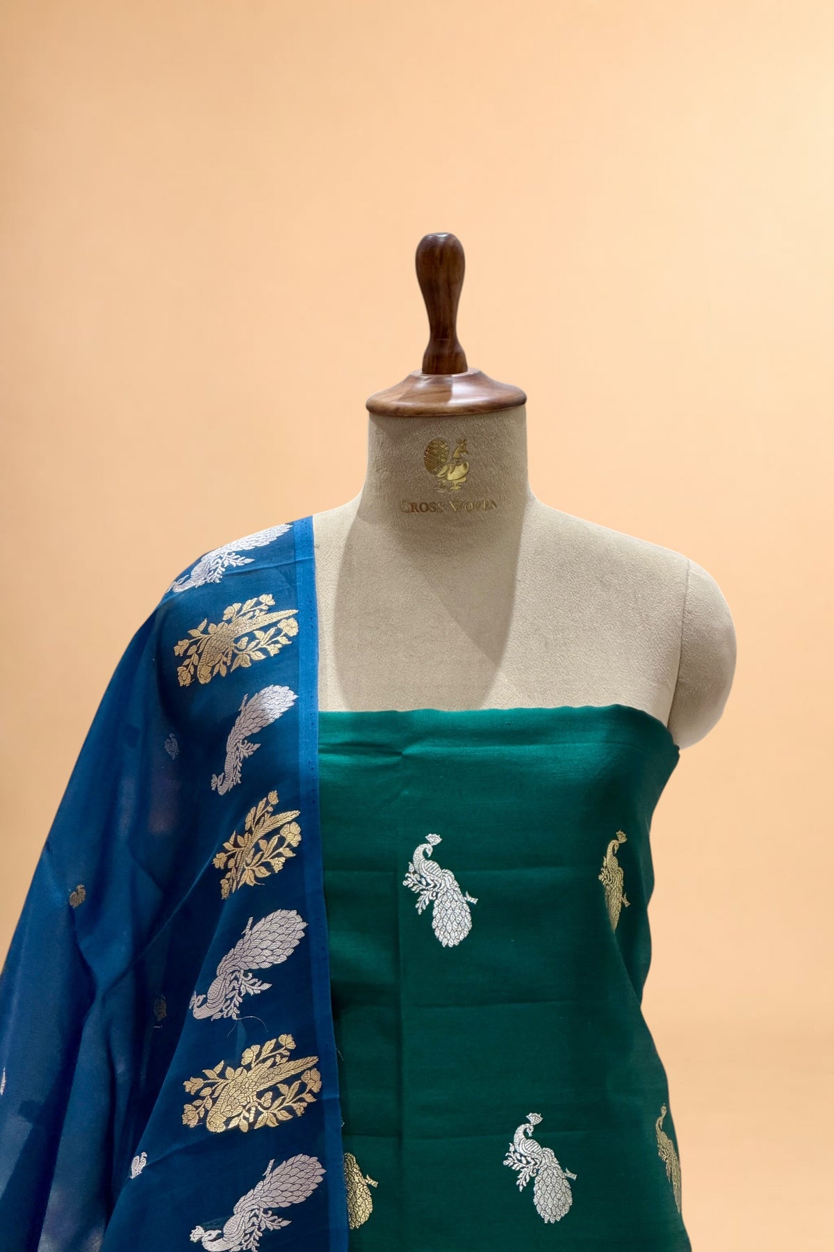 Deep Green Pure Chiniya Silk Suit Set with ombré Dye Organza Dupatta