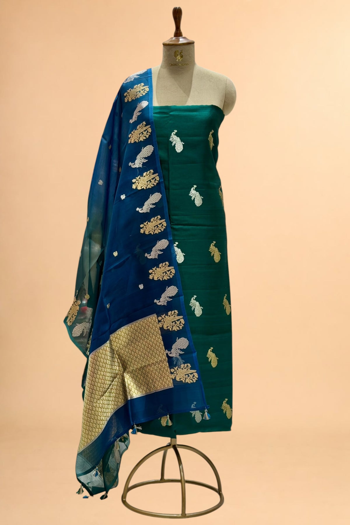 Deep Green Pure Chiniya Silk Suit Set with ombré Dye Organza Dupatta