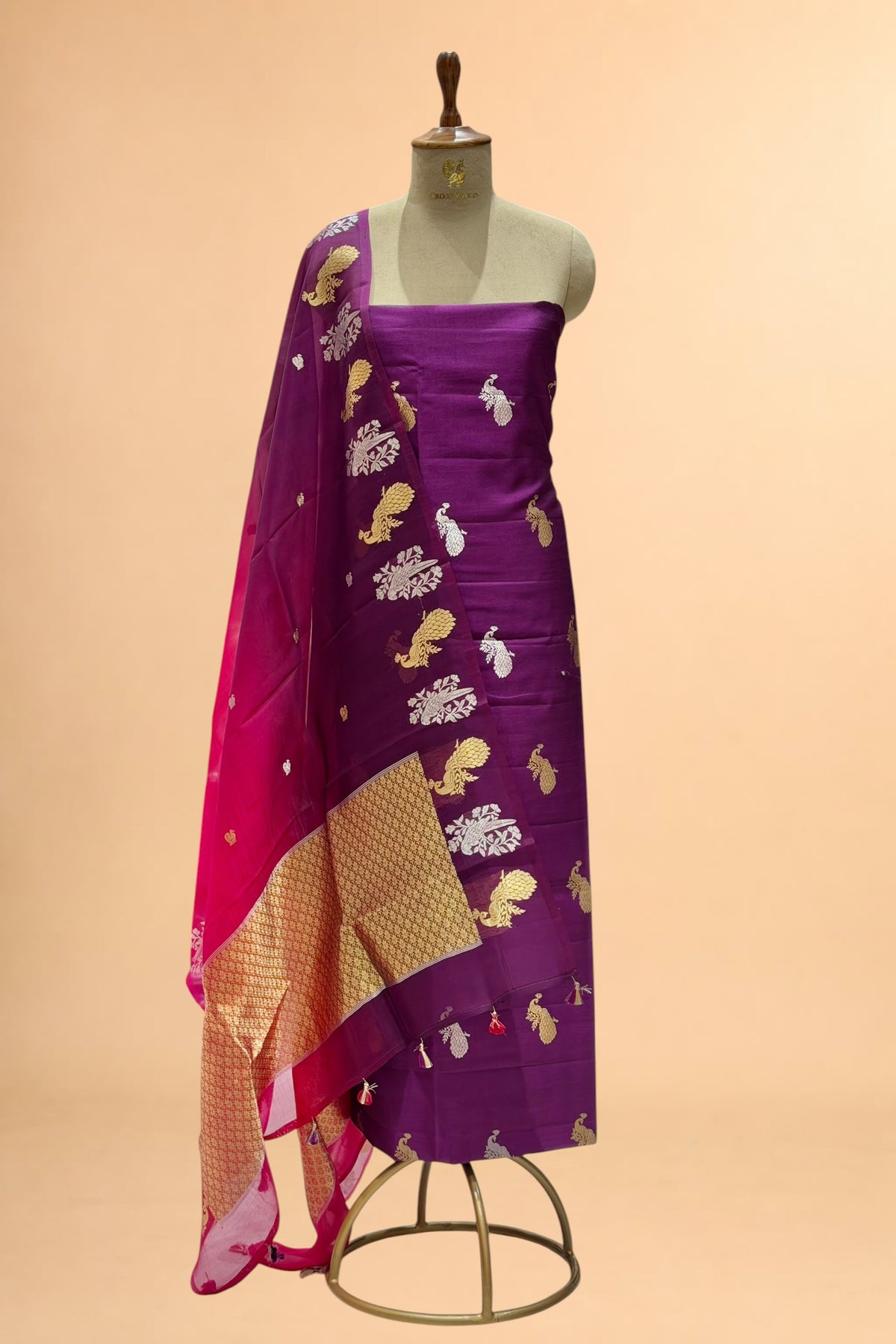 Deep Purple Pure Chiniya Silk Suit Set with ombré Dye Organza Dupatta
