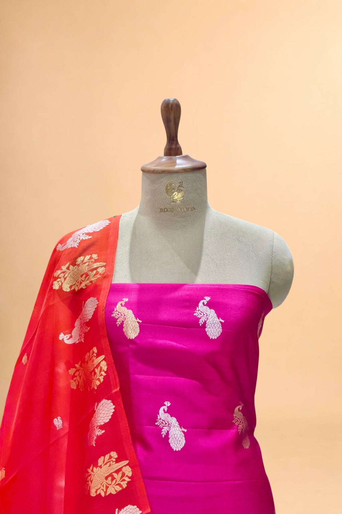 Rani Pink Pure Chiniya Silk Suit Set with ombré Dye Organza Dupatta