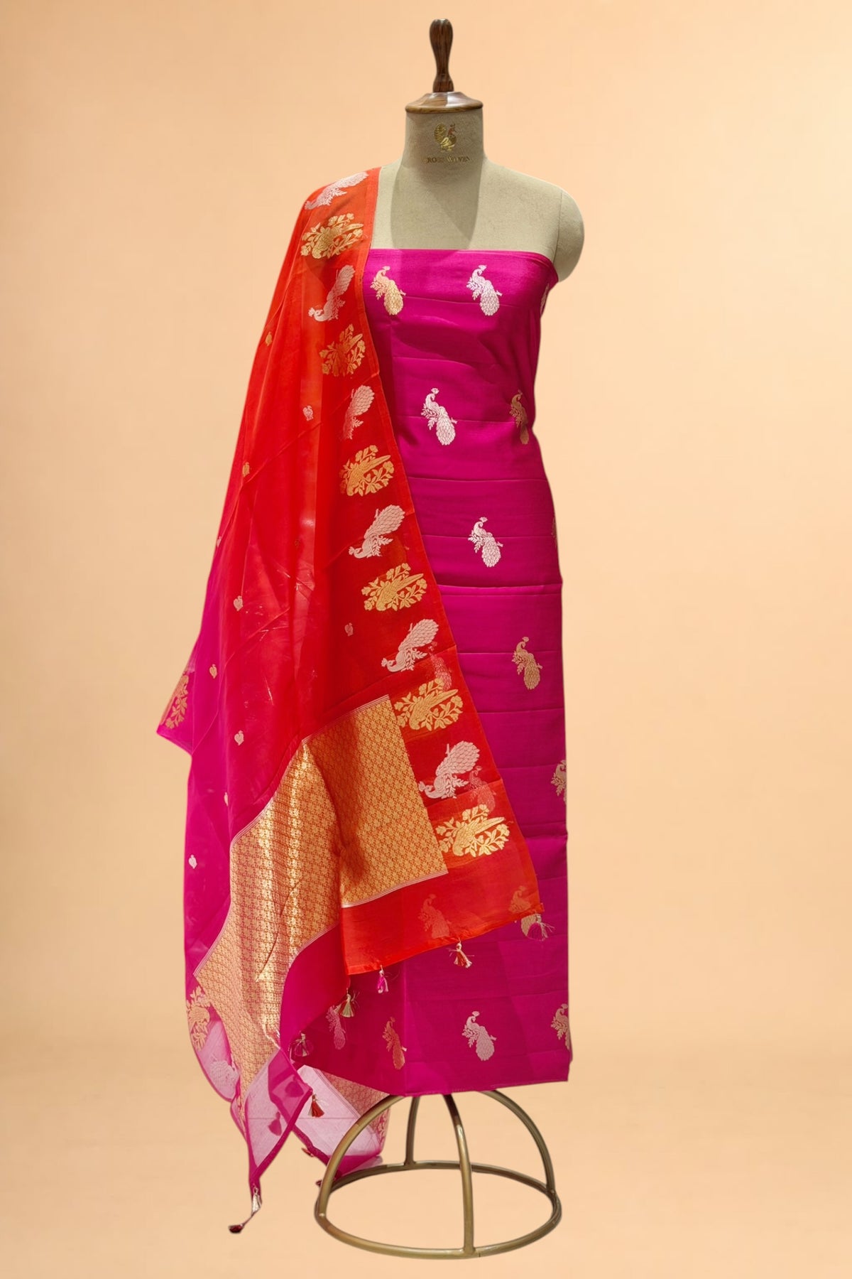 Rani Pink Pure Chiniya Silk Suit Set with ombré Dye Organza Dupatta