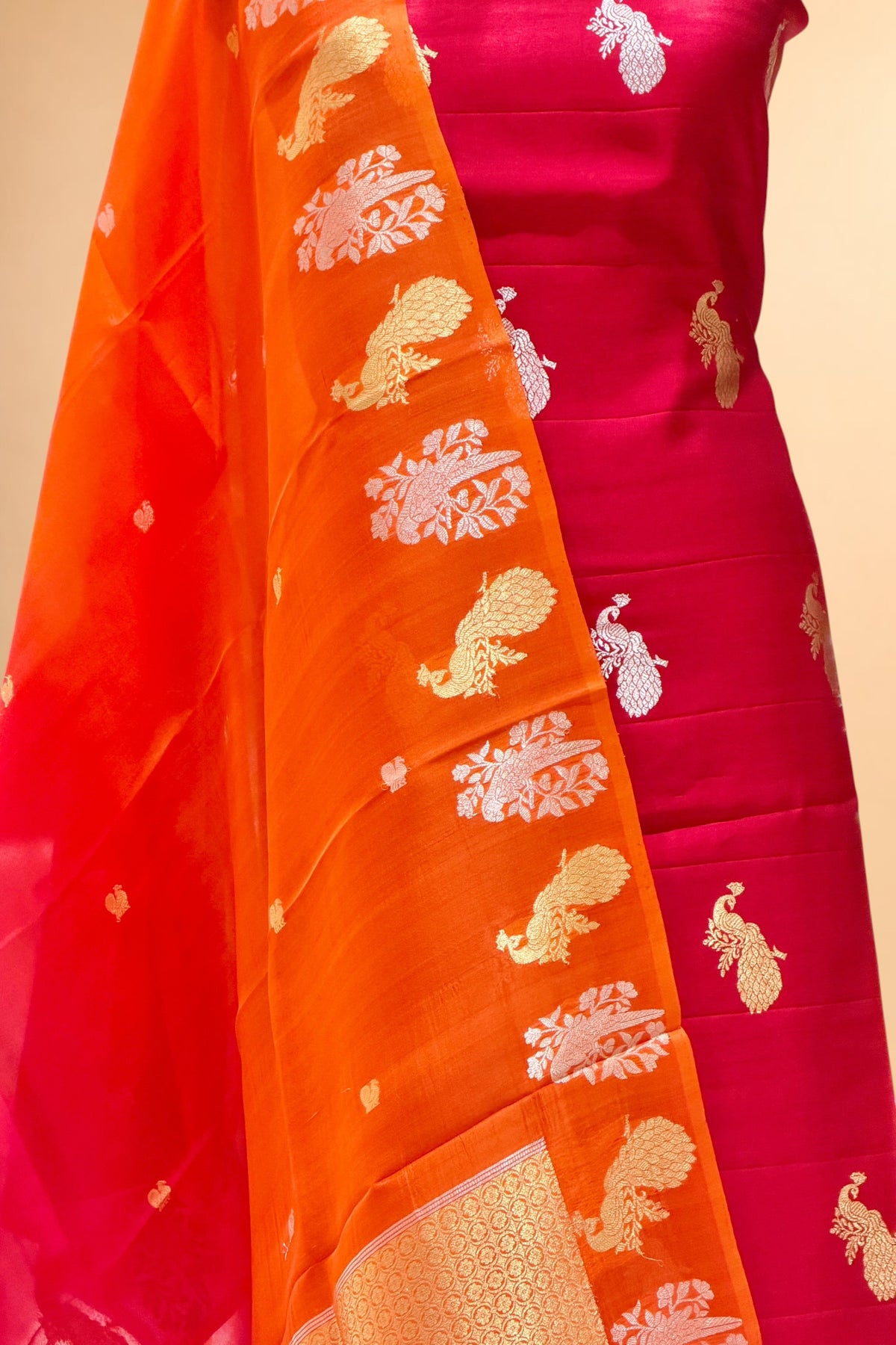 Red Pure Chiniya Silk Suit Set with ombré Dye Organza Dupatta