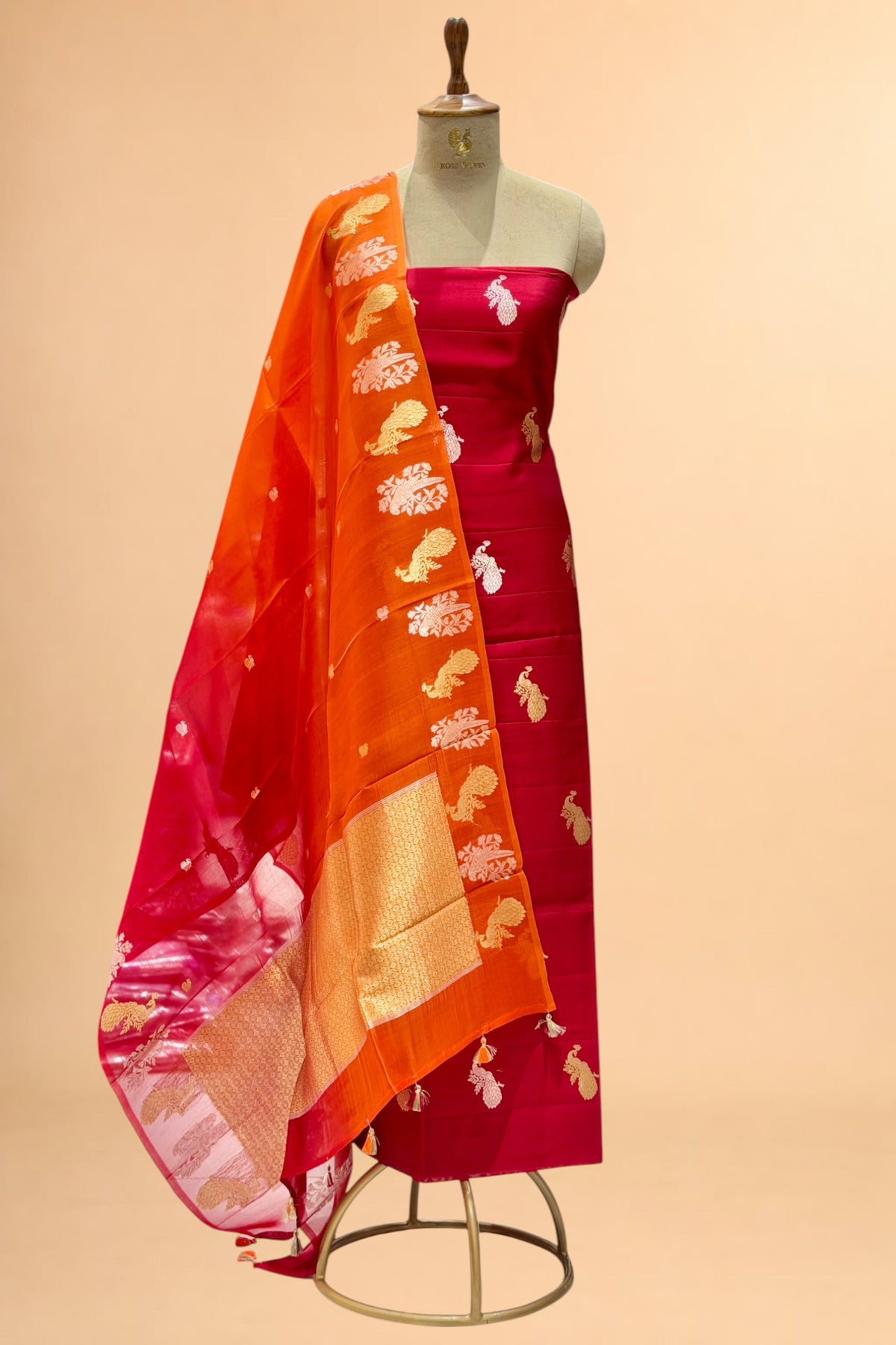 Red Pure Chiniya Silk Suit Set with ombré Dye Organza Dupatta