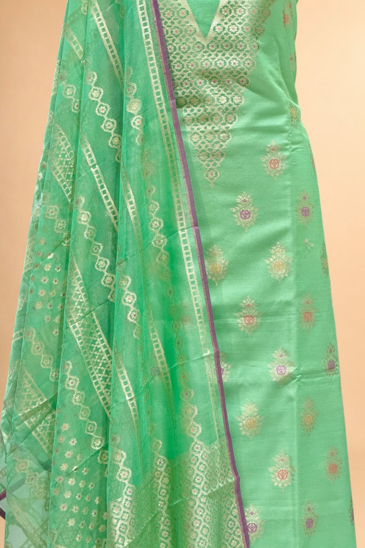 Aqua Green Banarasi Pure Fine Raw Silk Suit Set with Meena Kora Net Dupatta