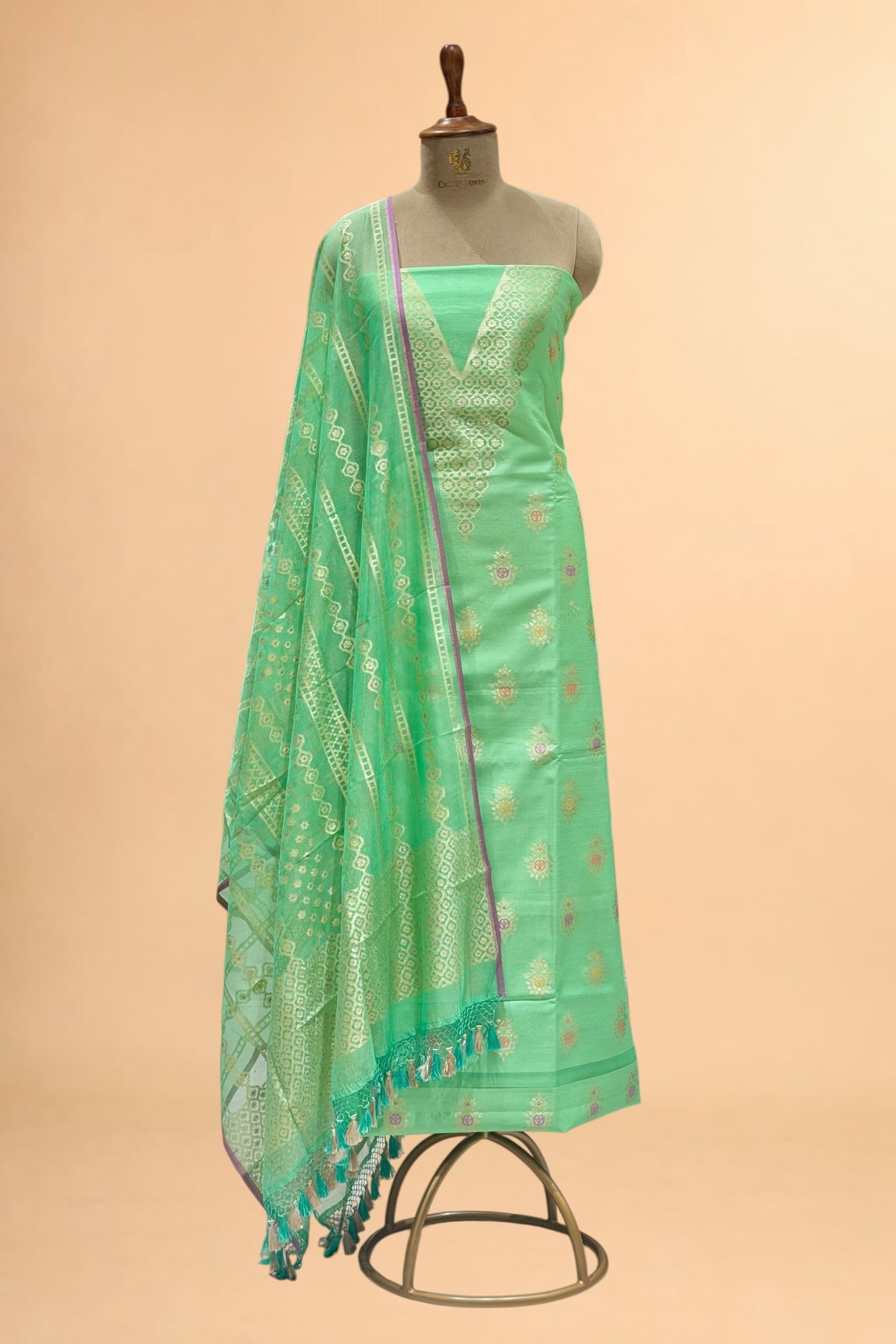 Aqua Green Banarasi Pure Fine Raw Silk Suit Set with Meena Kora Net Dupatta