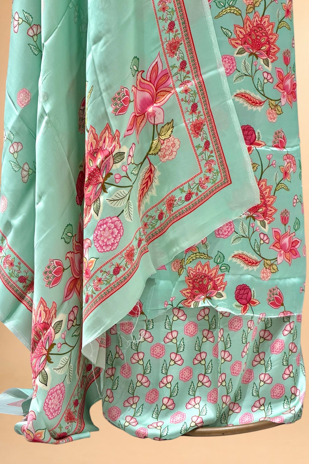 Aqua Mint Green Printed Pure Muslin Silk Unstitched Suit Set 
