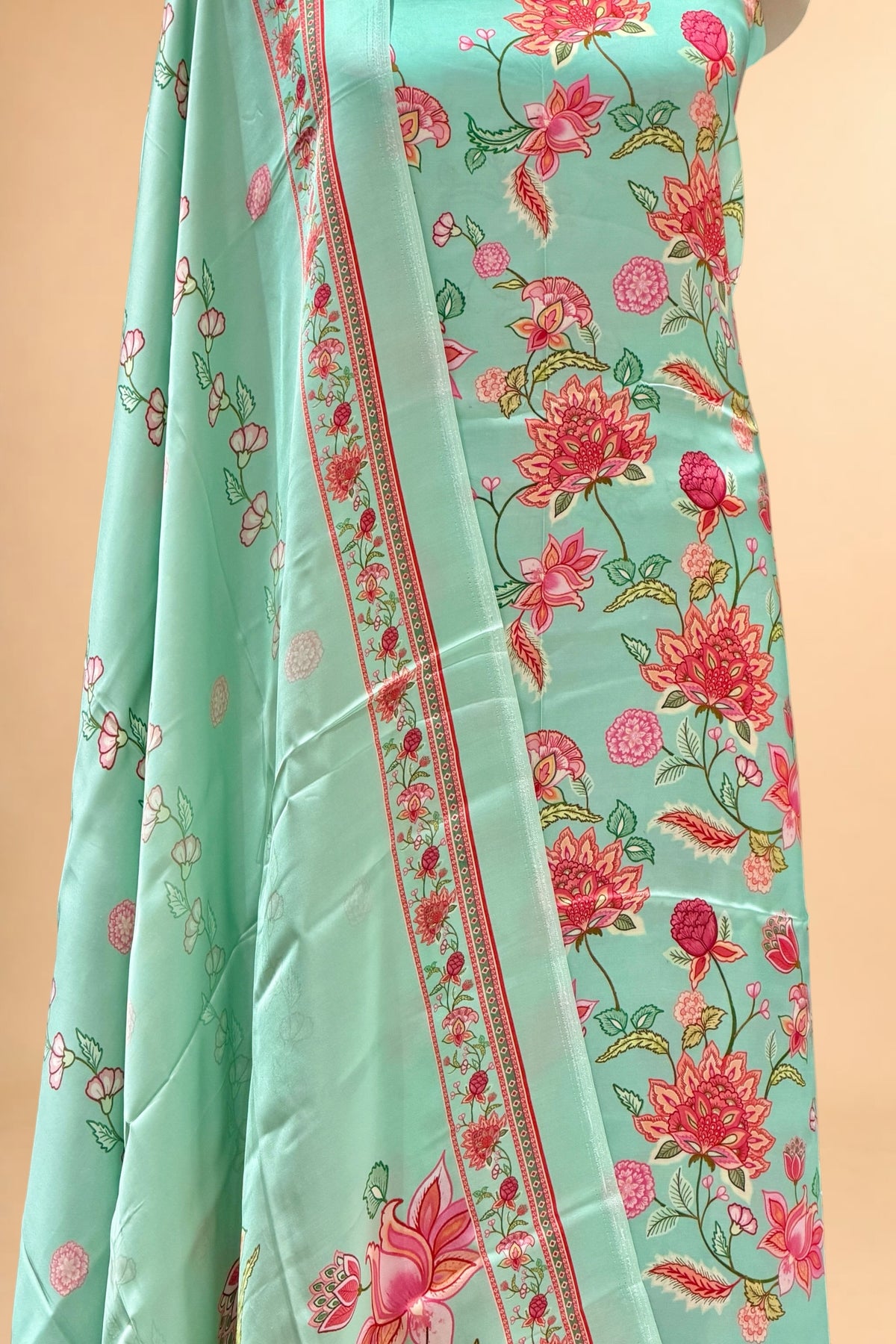 Aqua Mint Green Printed Pure Muslin Silk Unstitched Suit Set 