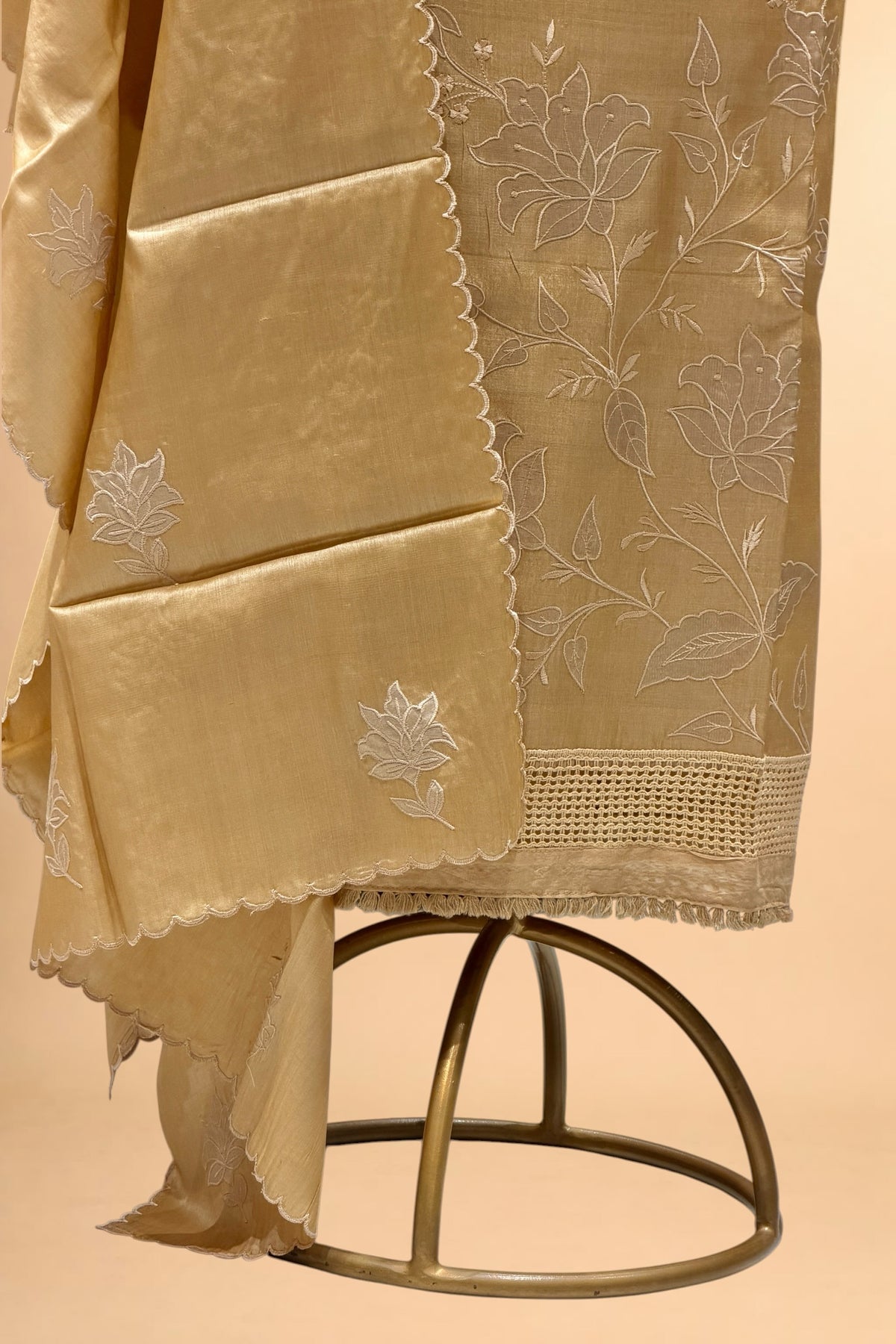 Beige Pure Tusser Silk Suit Set with Tissue Appliqué Pattern