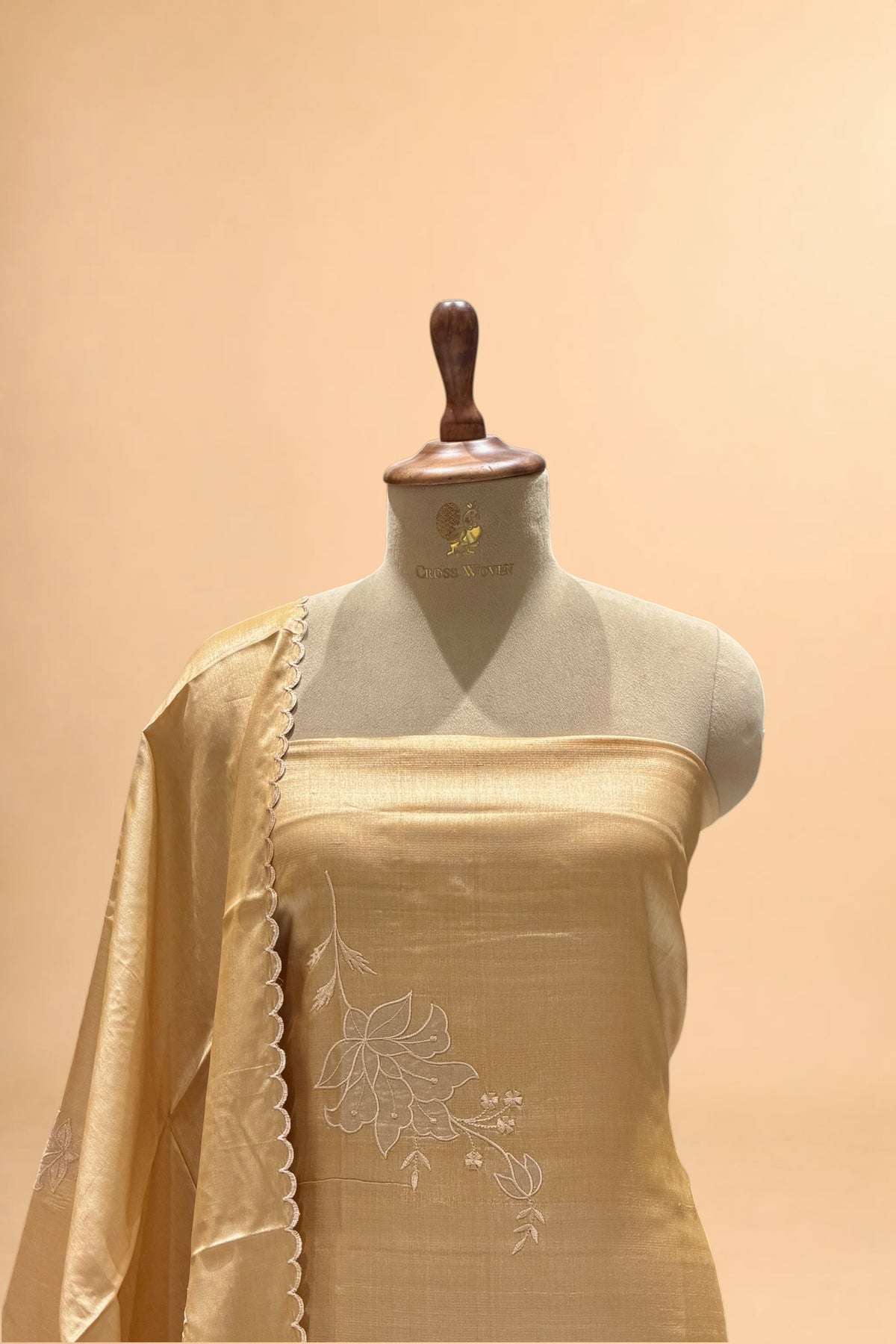 Beige Pure Tusser Silk Suit Set with Tissue Appliqué Pattern