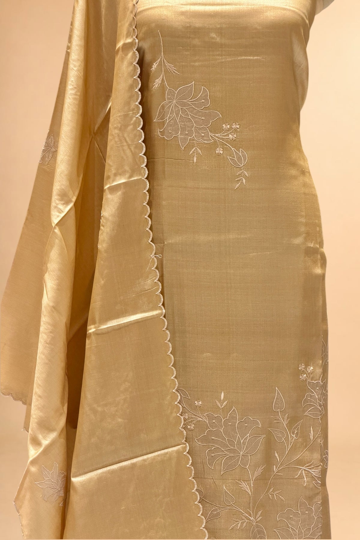 Beige Pure Tusser Silk Suit Set with Tissue Appliqué Pattern