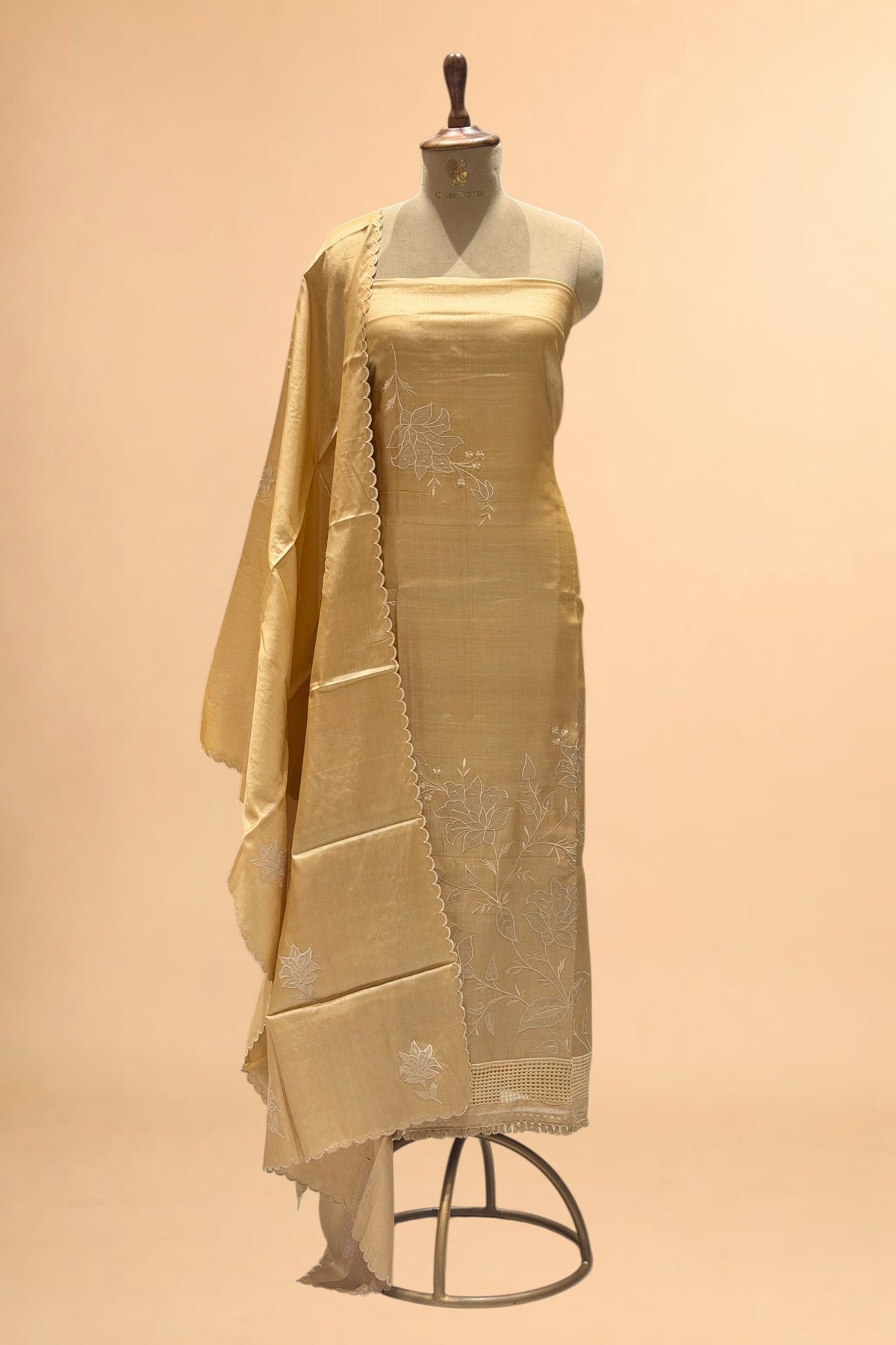 Beige Pure Tusser Silk Suit Set with Tissue Appliqué Pattern