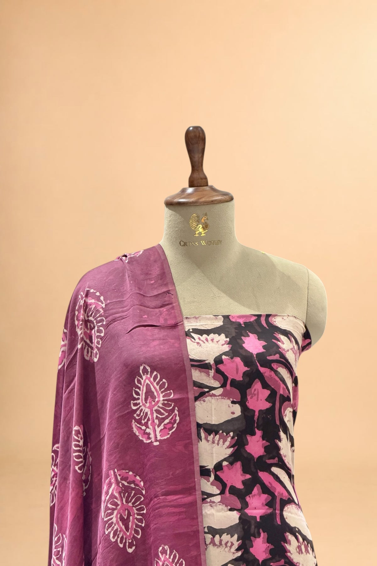 Black & Pink Block Print Pure Muslin Silk Suit Set 