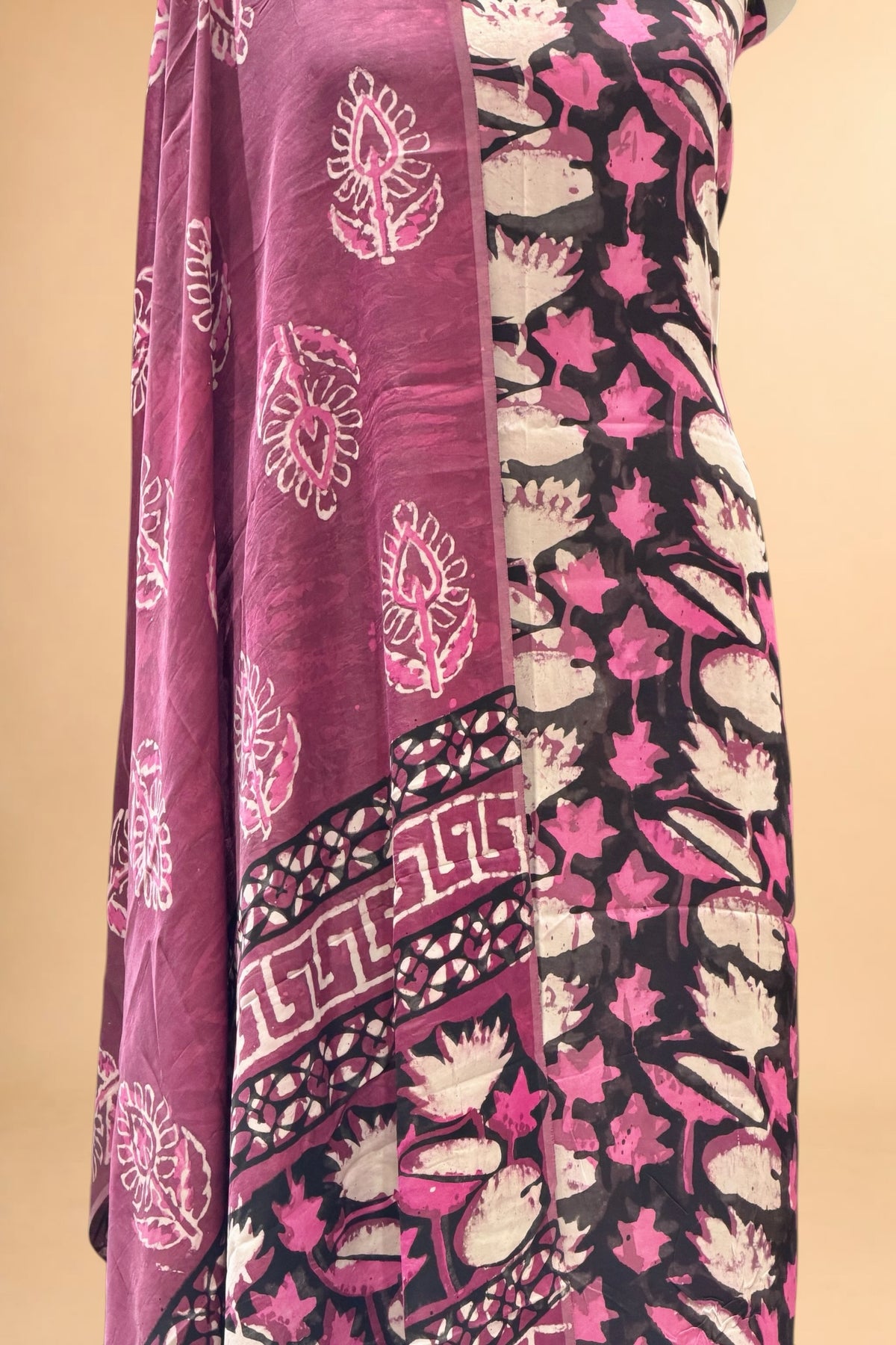 Black & Pink Block Print Pure Muslin Silk Suit Set 