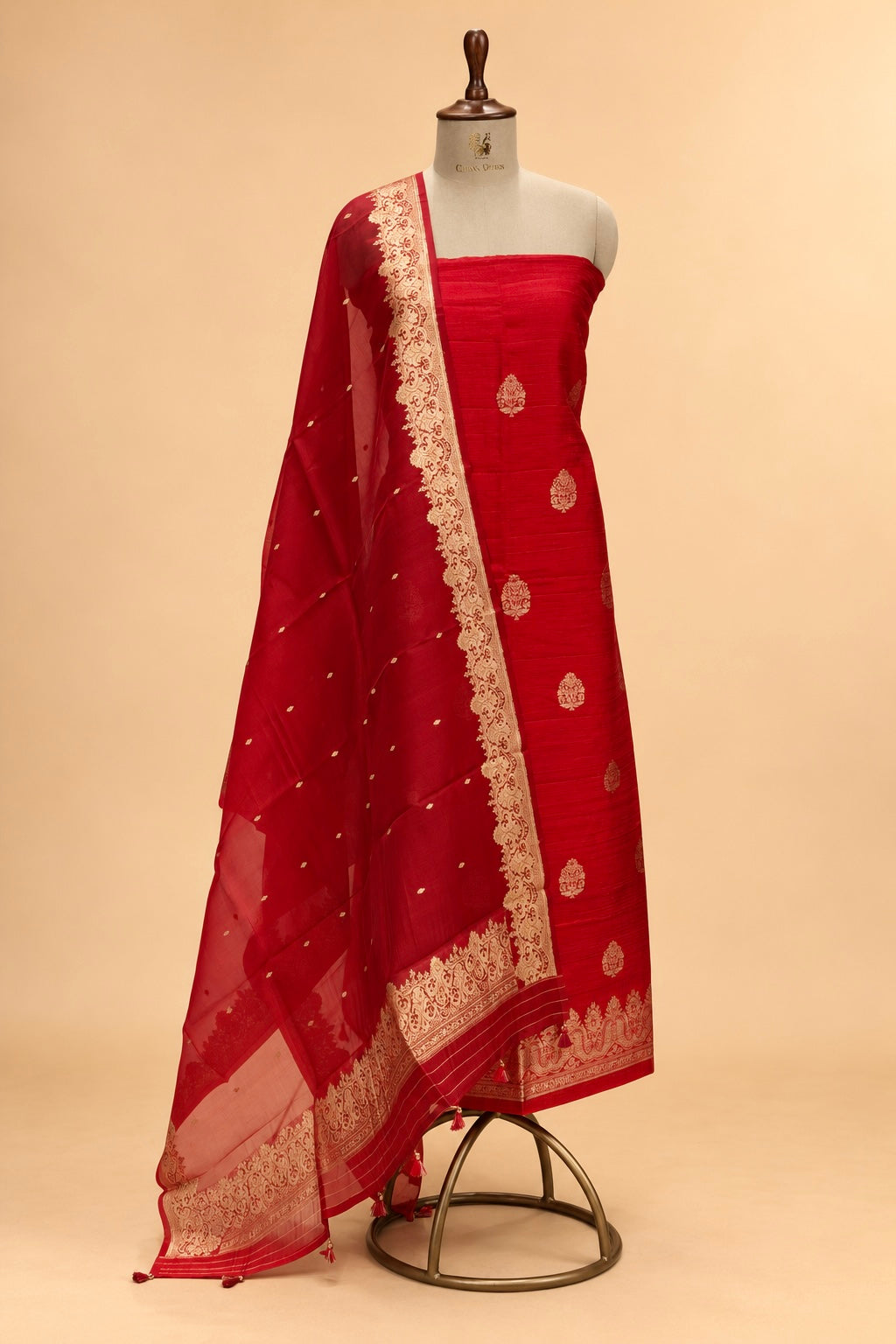 Bright Red Pure Raw Silk Suit Set with Ombré Organza Dupatta