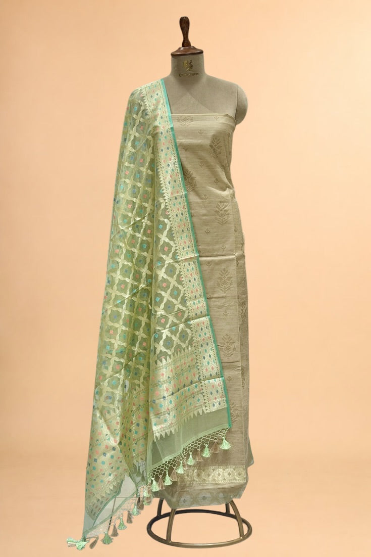 Champagne Beige Banarasi Pure Fine Raw Silk Suit Set with Meena Kora Net Dupatta