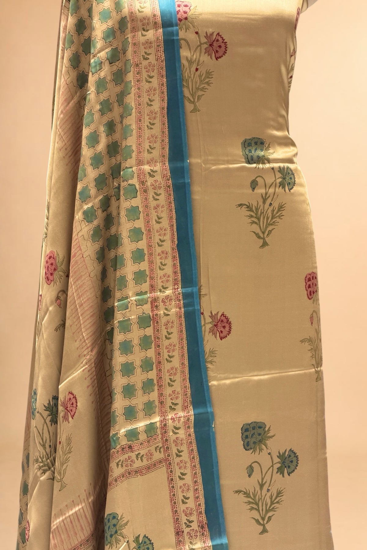 Champagne Gold Printed Pure Muslin Silk Unstitched Suit Set 