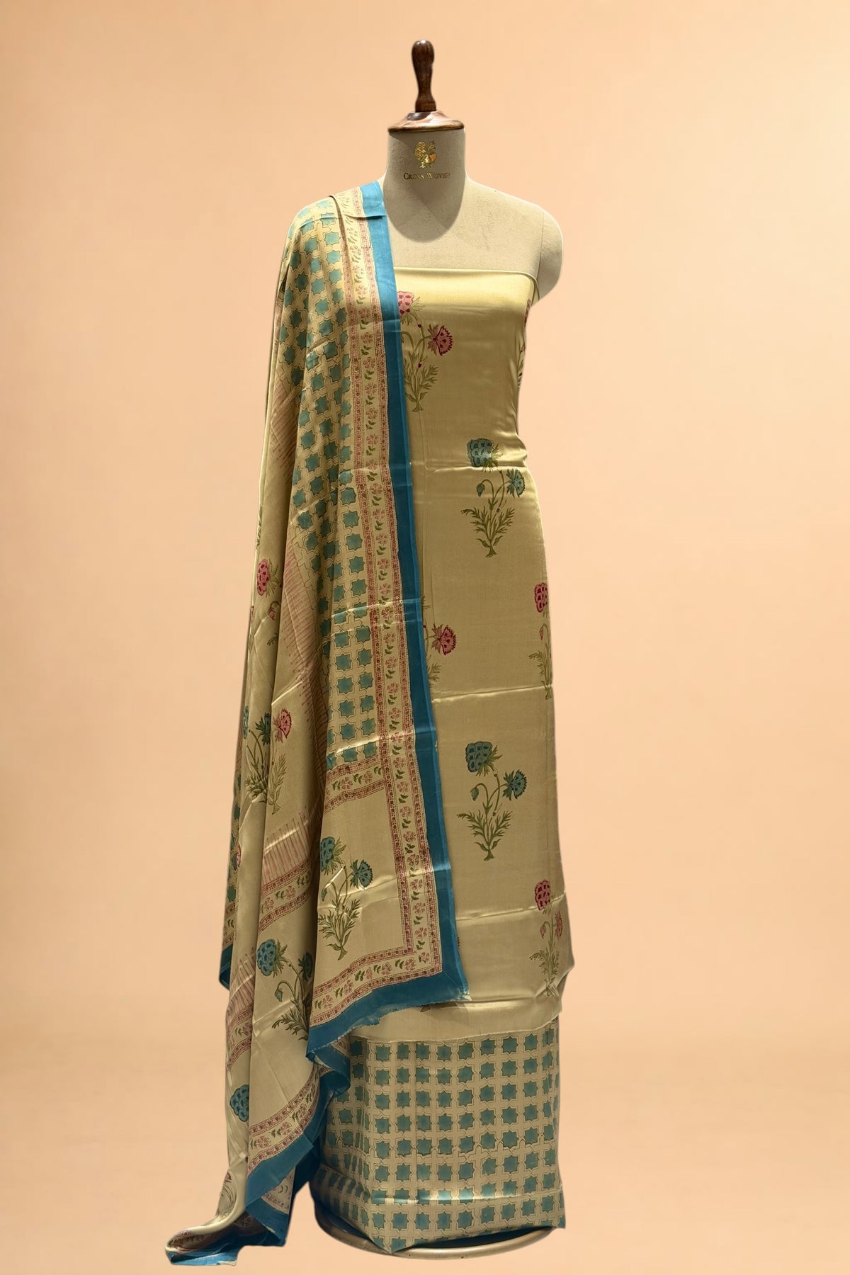 Champagne Gold Printed Pure Muslin Silk Unstitched Suit Set 