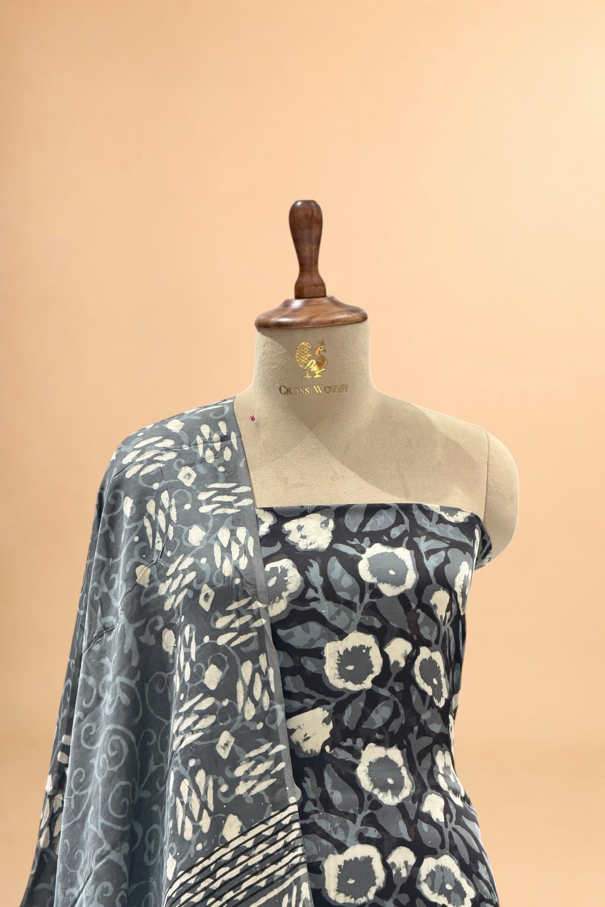 Charcoal Grey Block Print Pure Muslin Silk Suit Set 