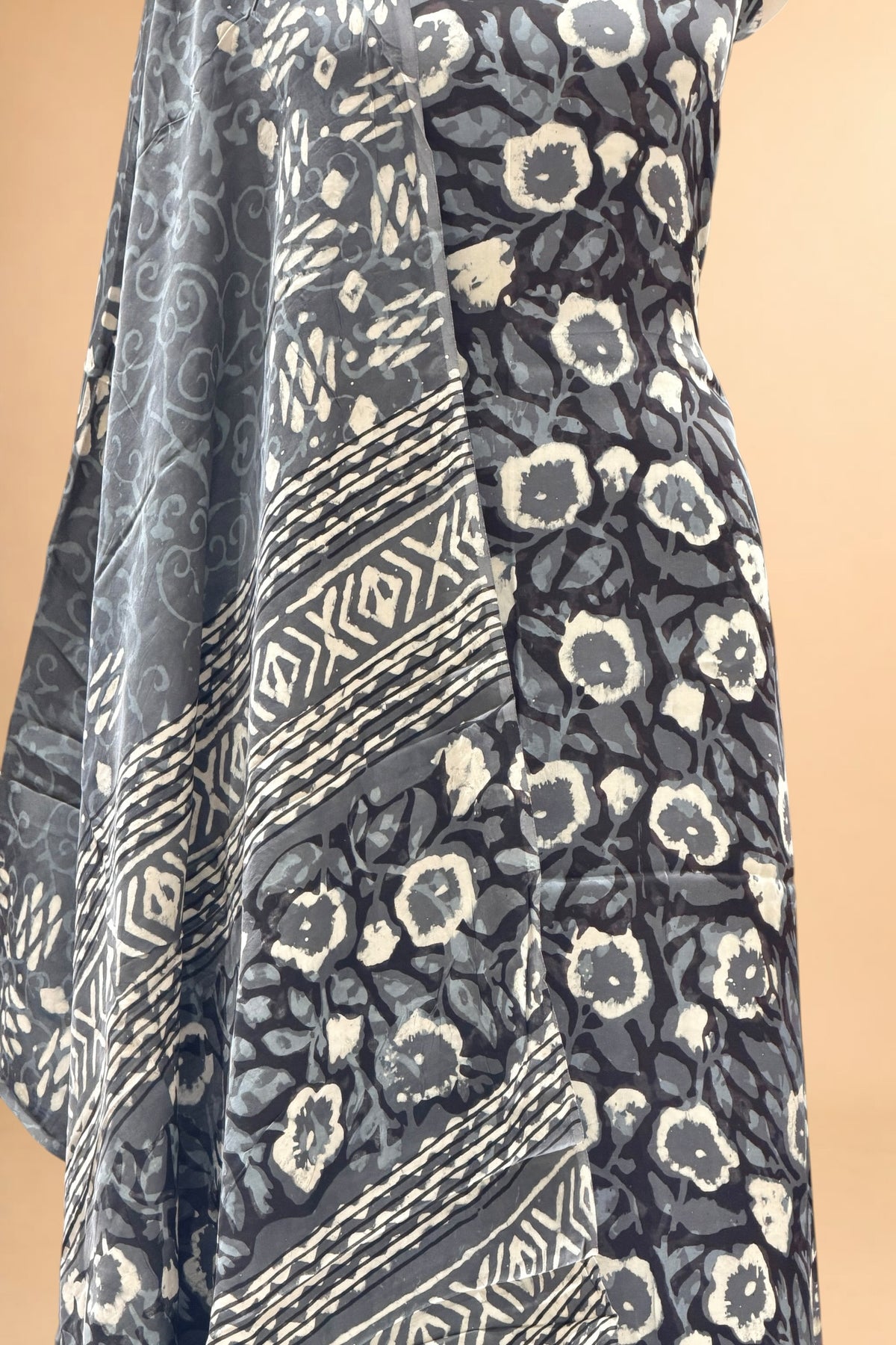 Charcoal Grey Block Print Pure Muslin Silk Suit Set 