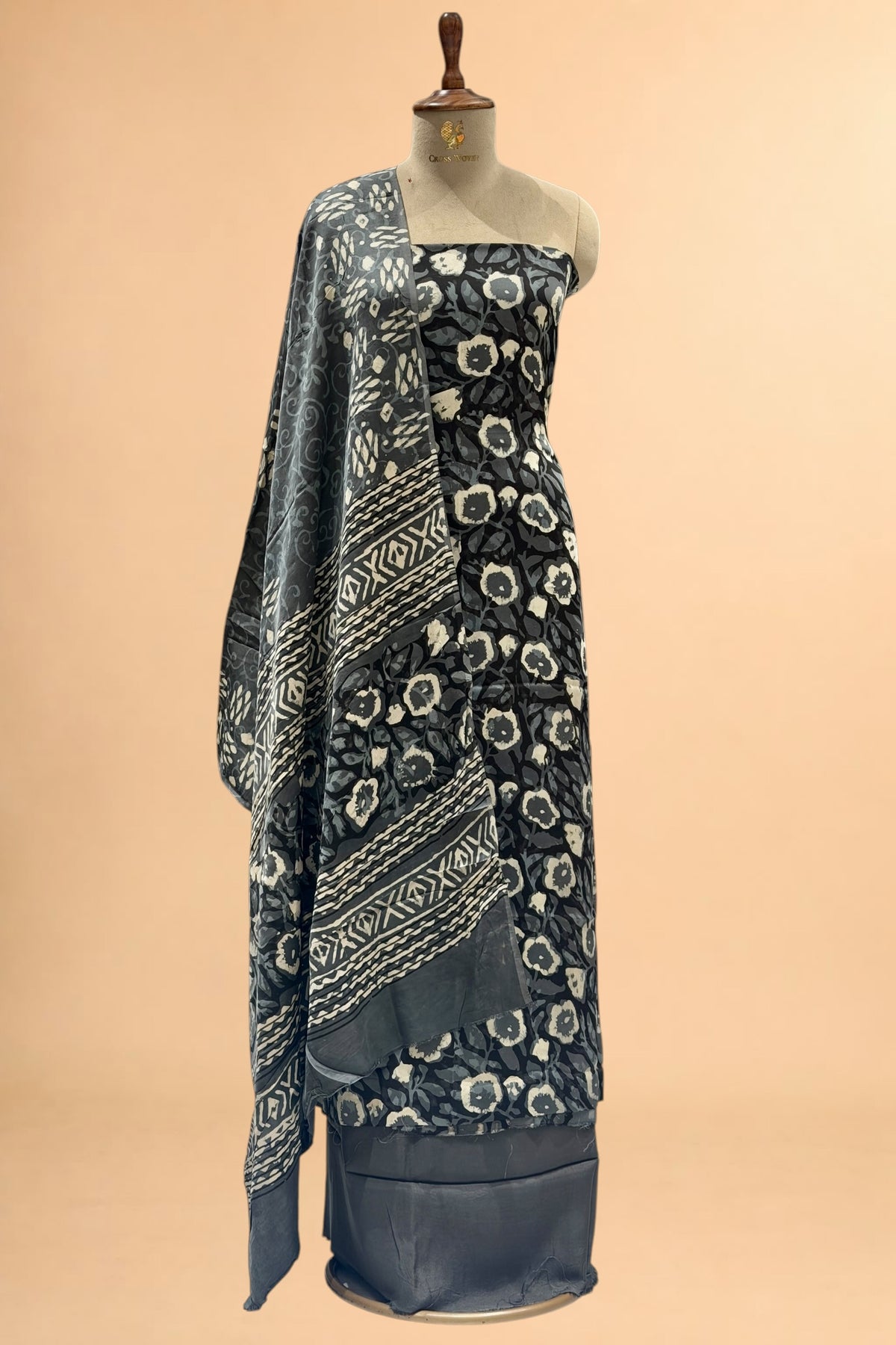 Charcoal Grey Block Print Pure Muslin Silk Suit Set 