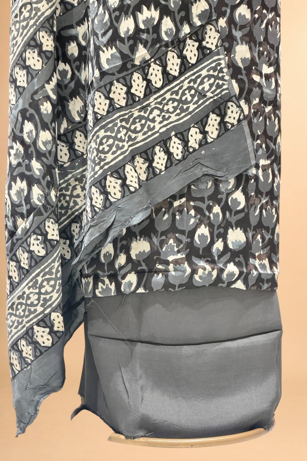 Charcoal Grey Block Print Pure Muslin Silk Suit Set 