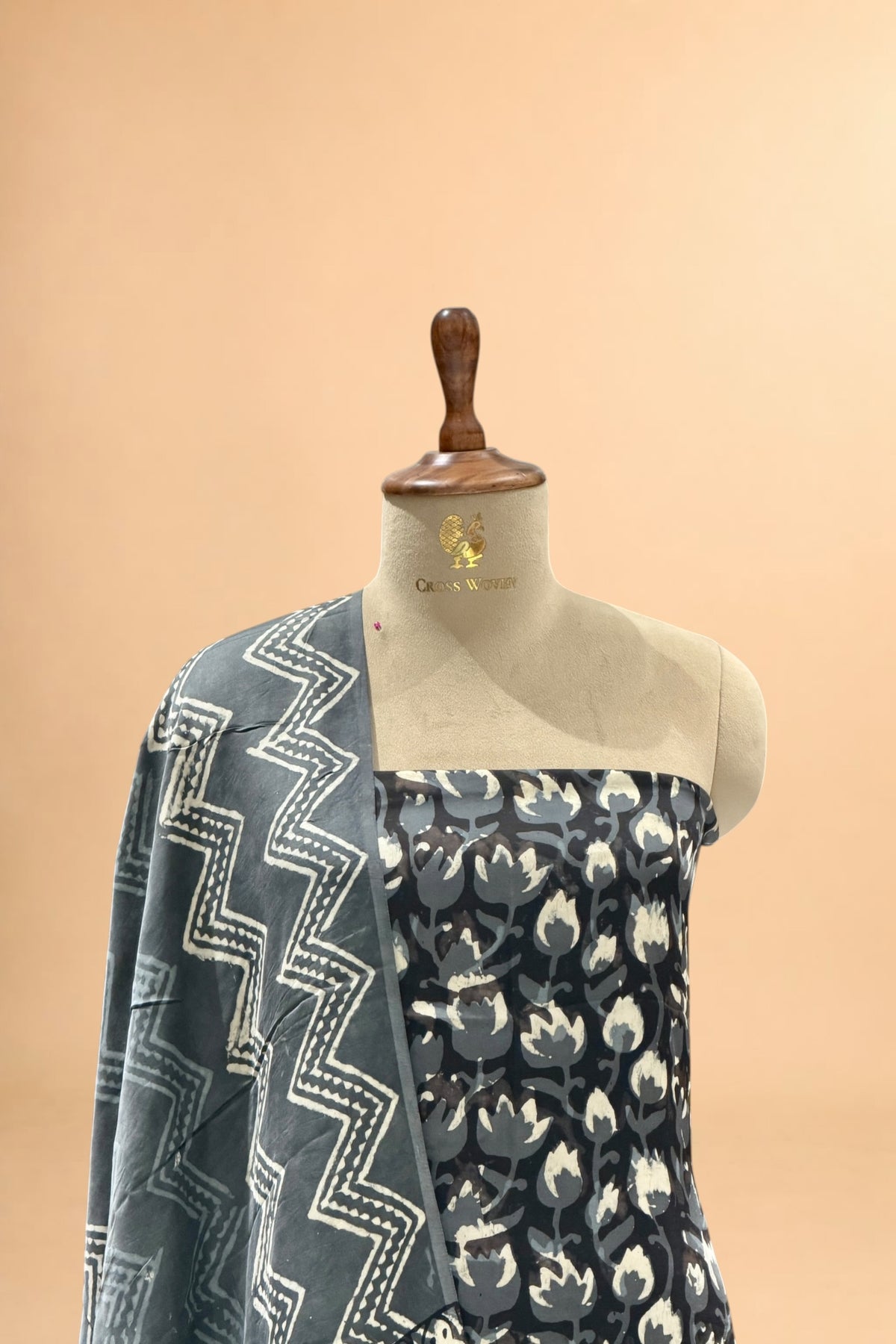 Charcoal Grey Block Print Pure Muslin Silk Suit Set 
