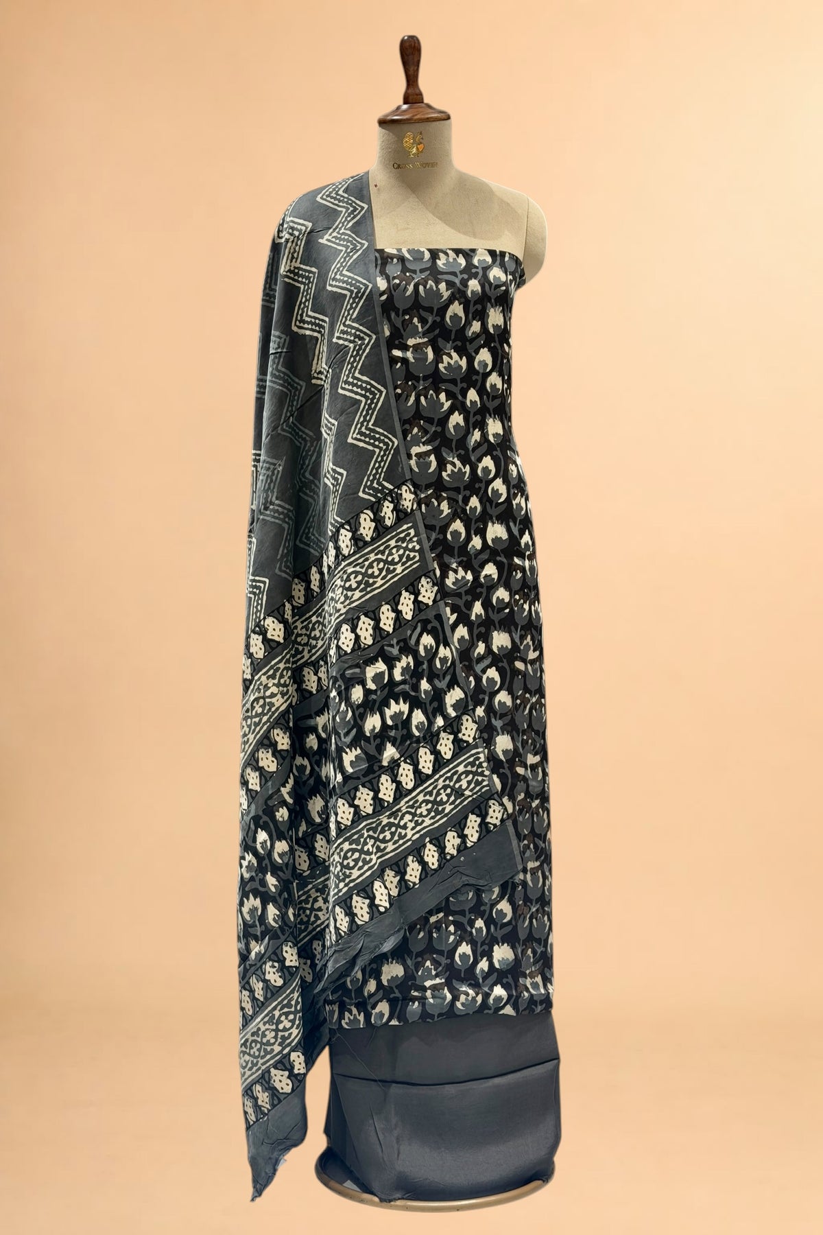 Charcoal Grey Block Print Pure Muslin Silk Suit Set 