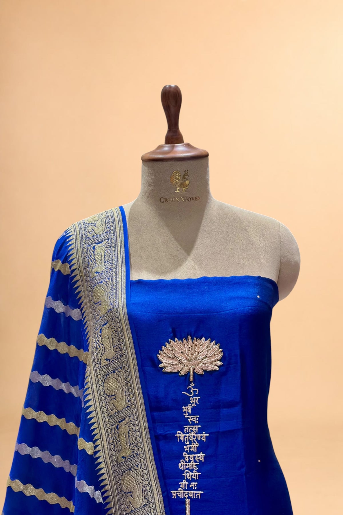 Chiniya silk suit with gayatri mantra embroidery and khaddi dupatta
