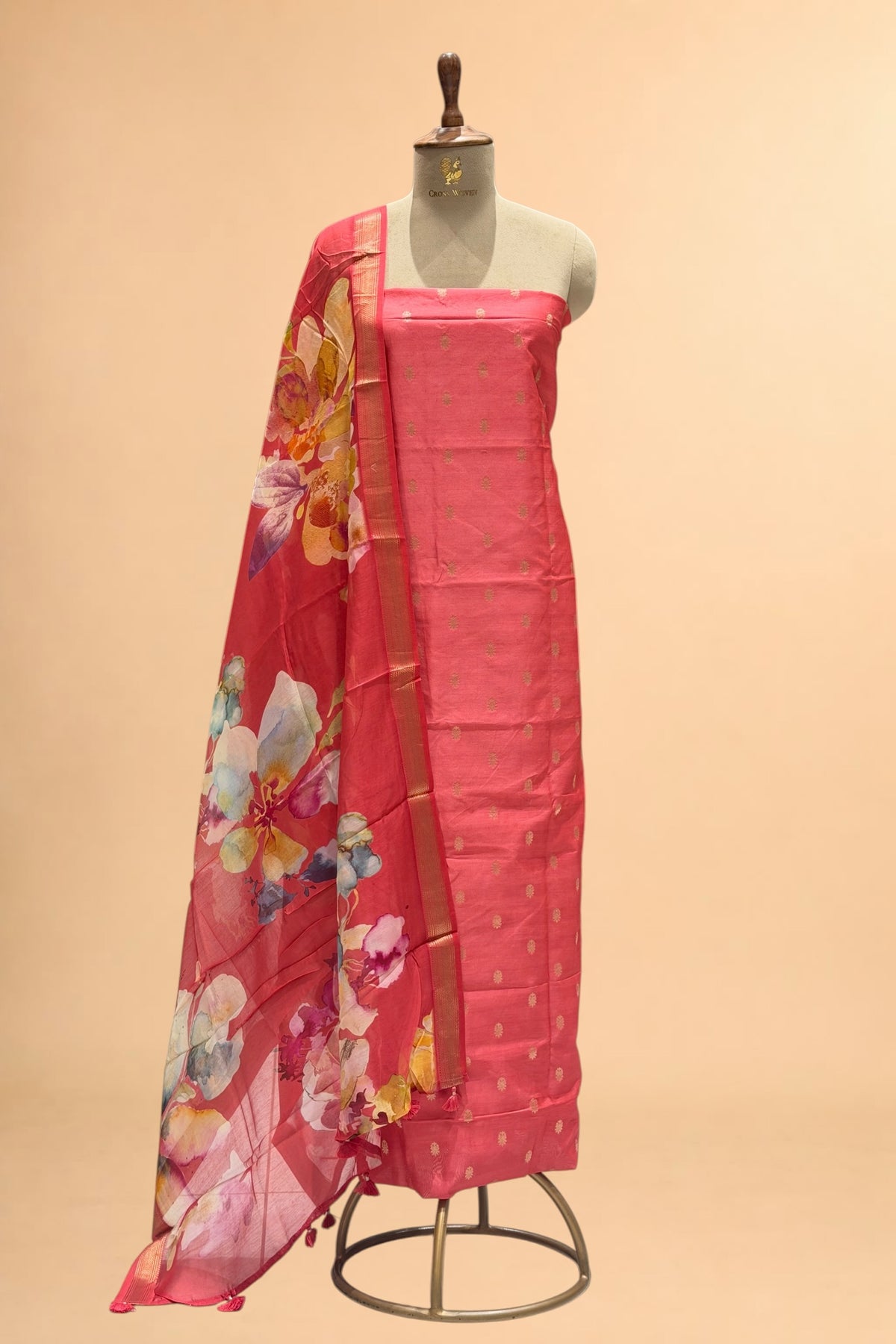 Coral Red Chanderi Silk Suit Set With Printed Dupatta
