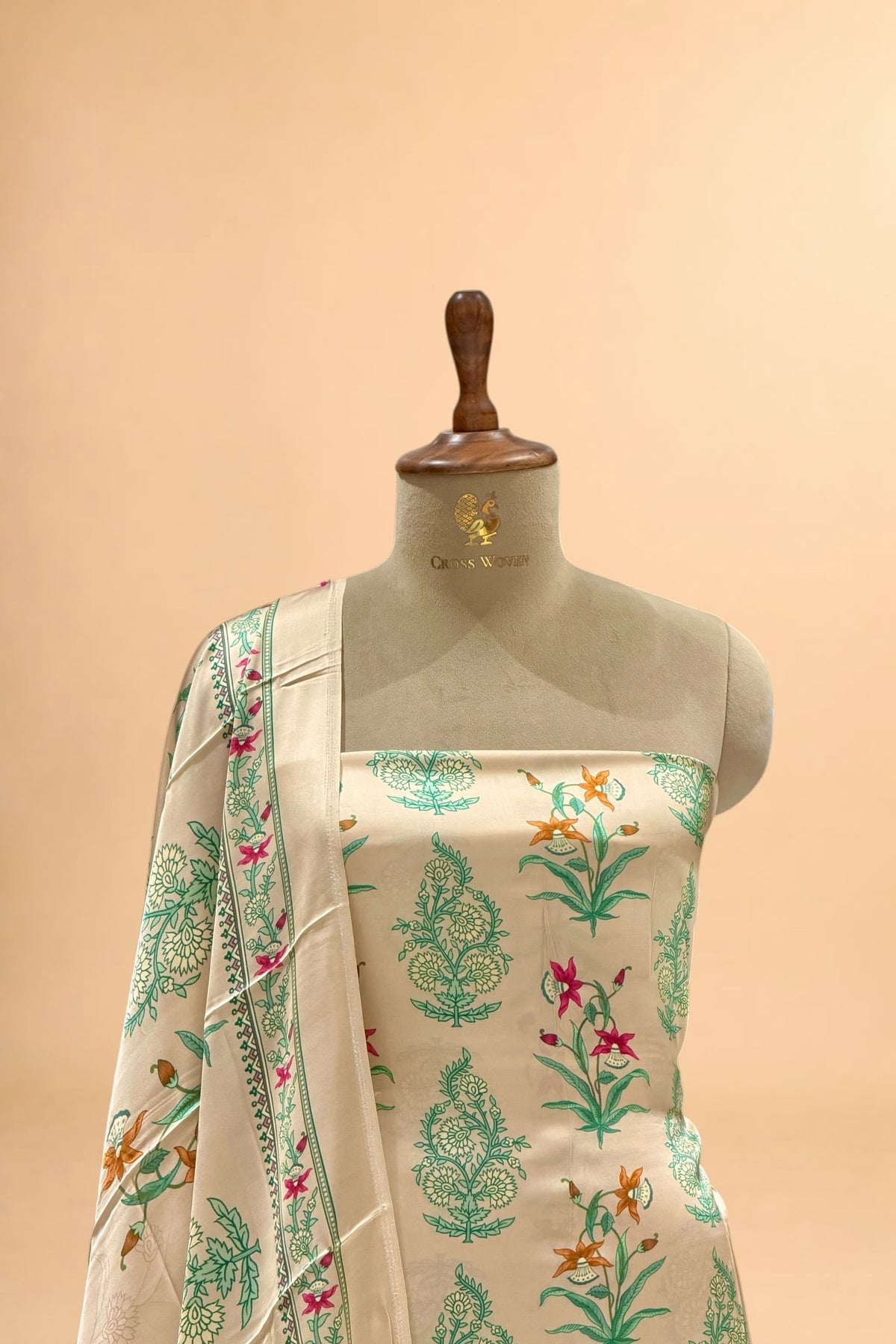 Cream Printed Pure Muslin Silk Unstitched Suit Set 