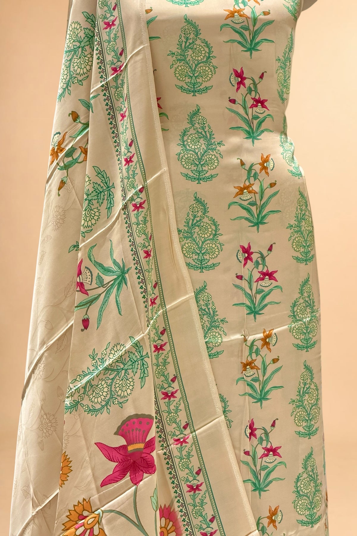 Cream Printed Pure Muslin Silk Unstitched Suit Set 