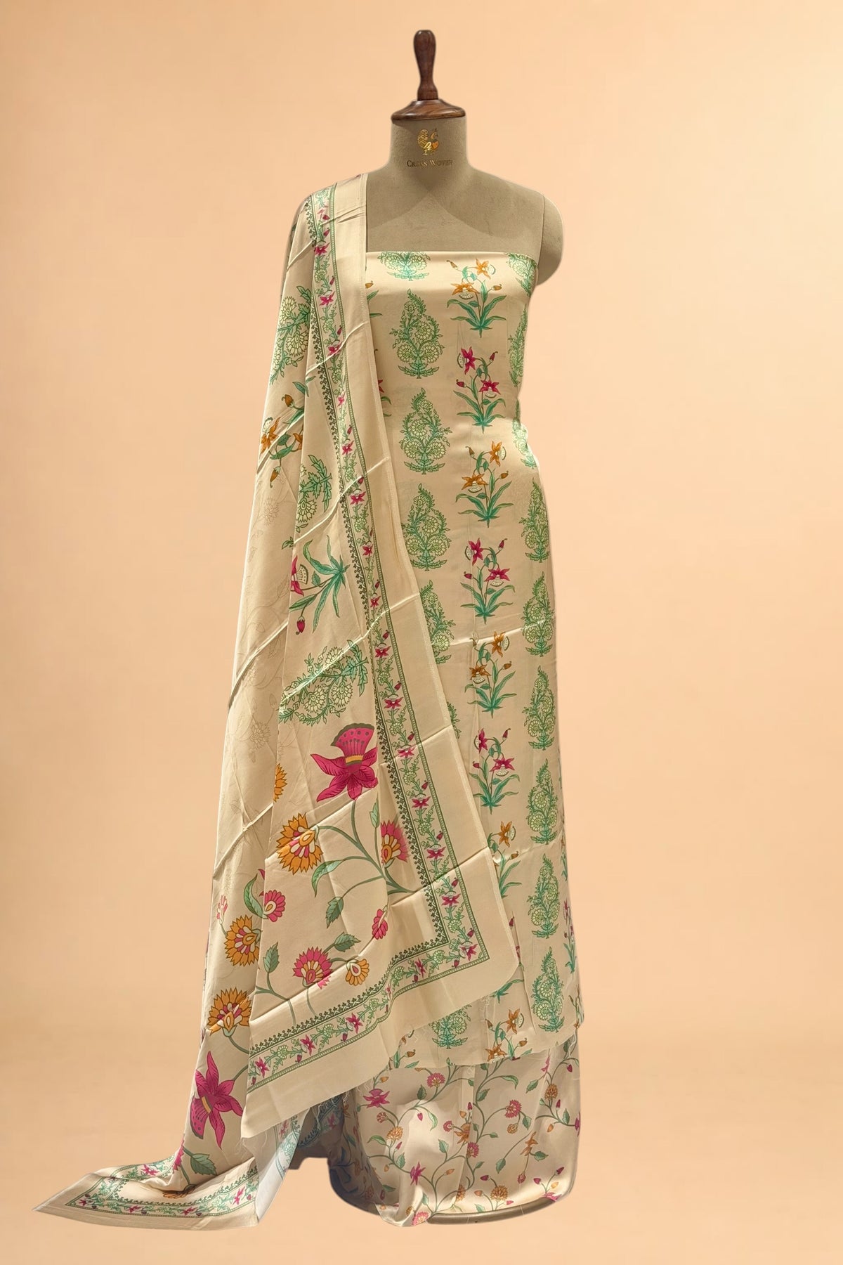 Cream Printed Pure Muslin Silk Unstitched Suit Set 