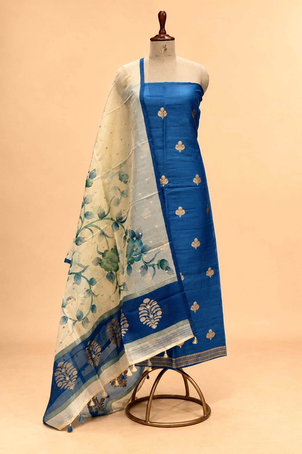 Deep Blue Organza Silk Suit Set with Hand Brush Painted Dupatta