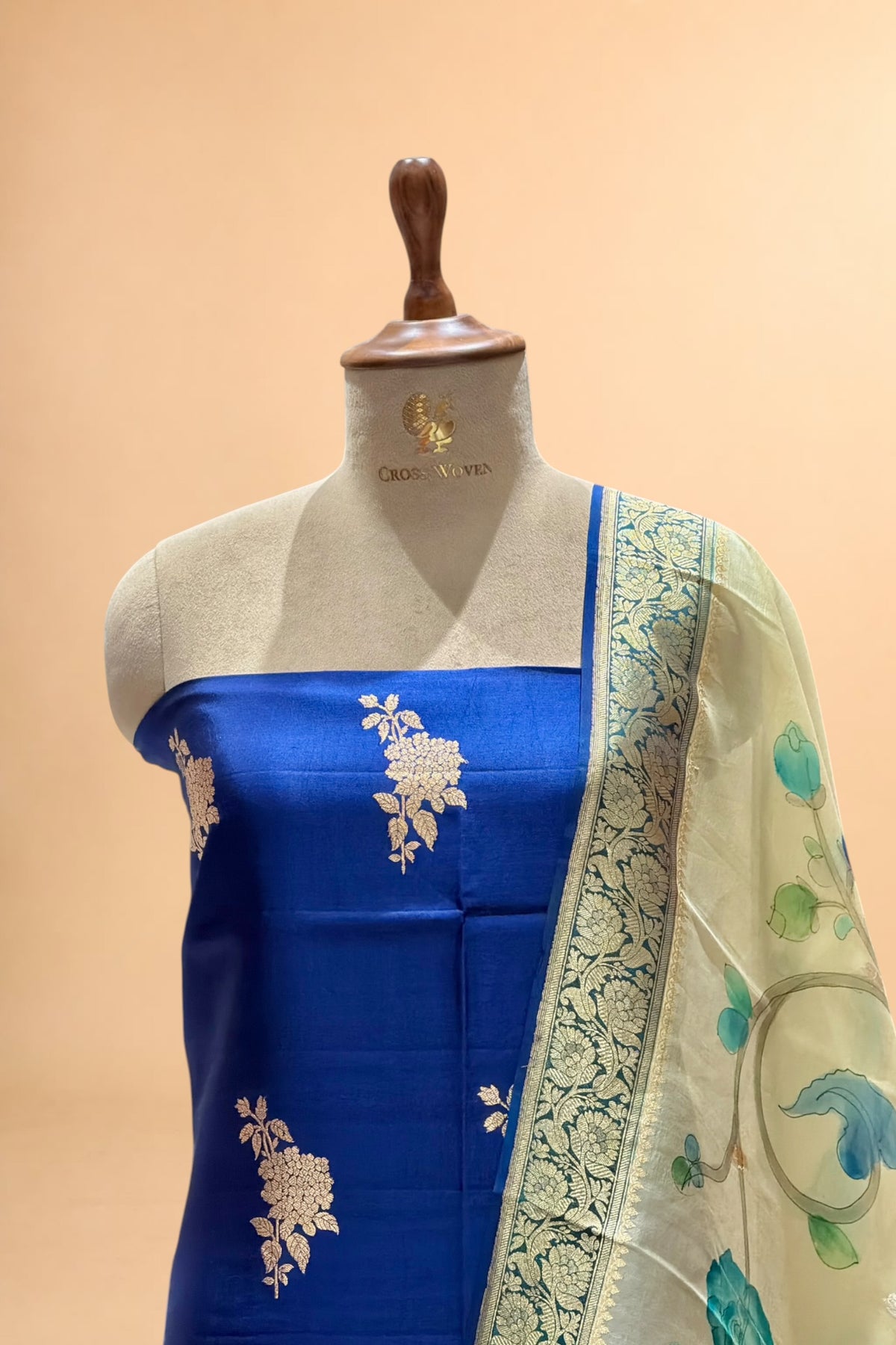 Deep Blue Pure Silk Suit with Organza Hand-Brush Painted Dupatta