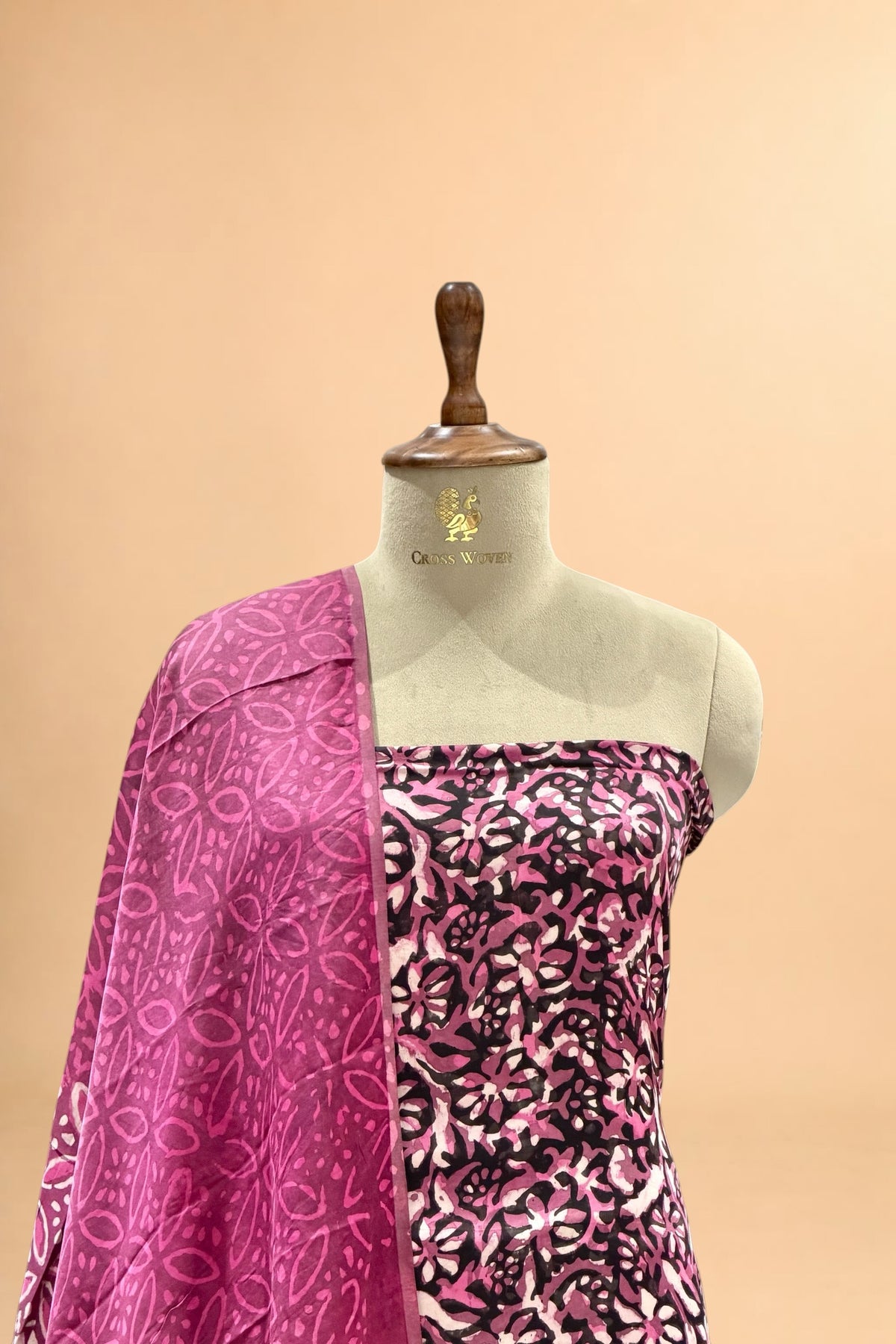 Deep Pink Block Print Pure Muslin Silk Suit Set 