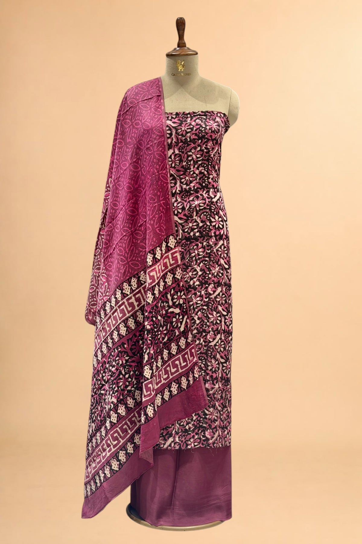 Deep Pink Block Print Pure Muslin Silk Suit Set 