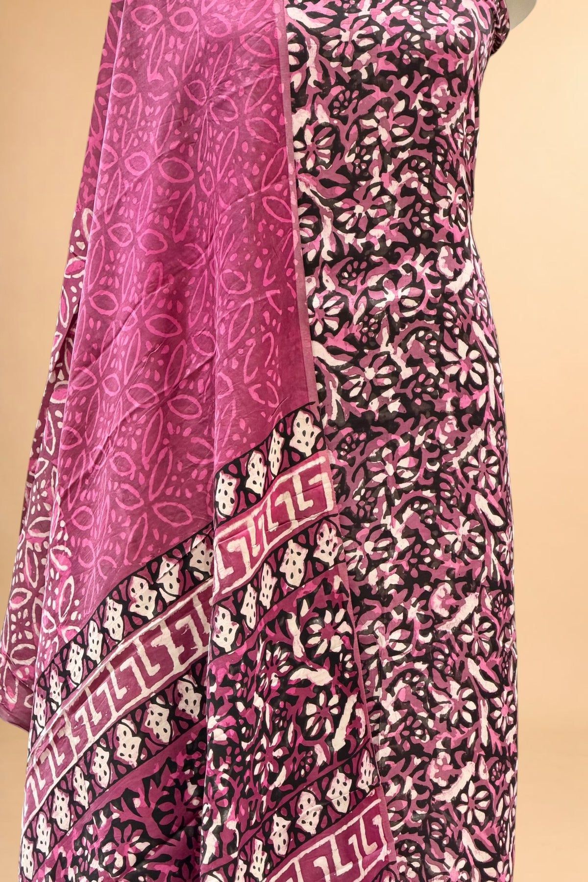 Deep Pink Block Print Pure Muslin Silk Suit Set 