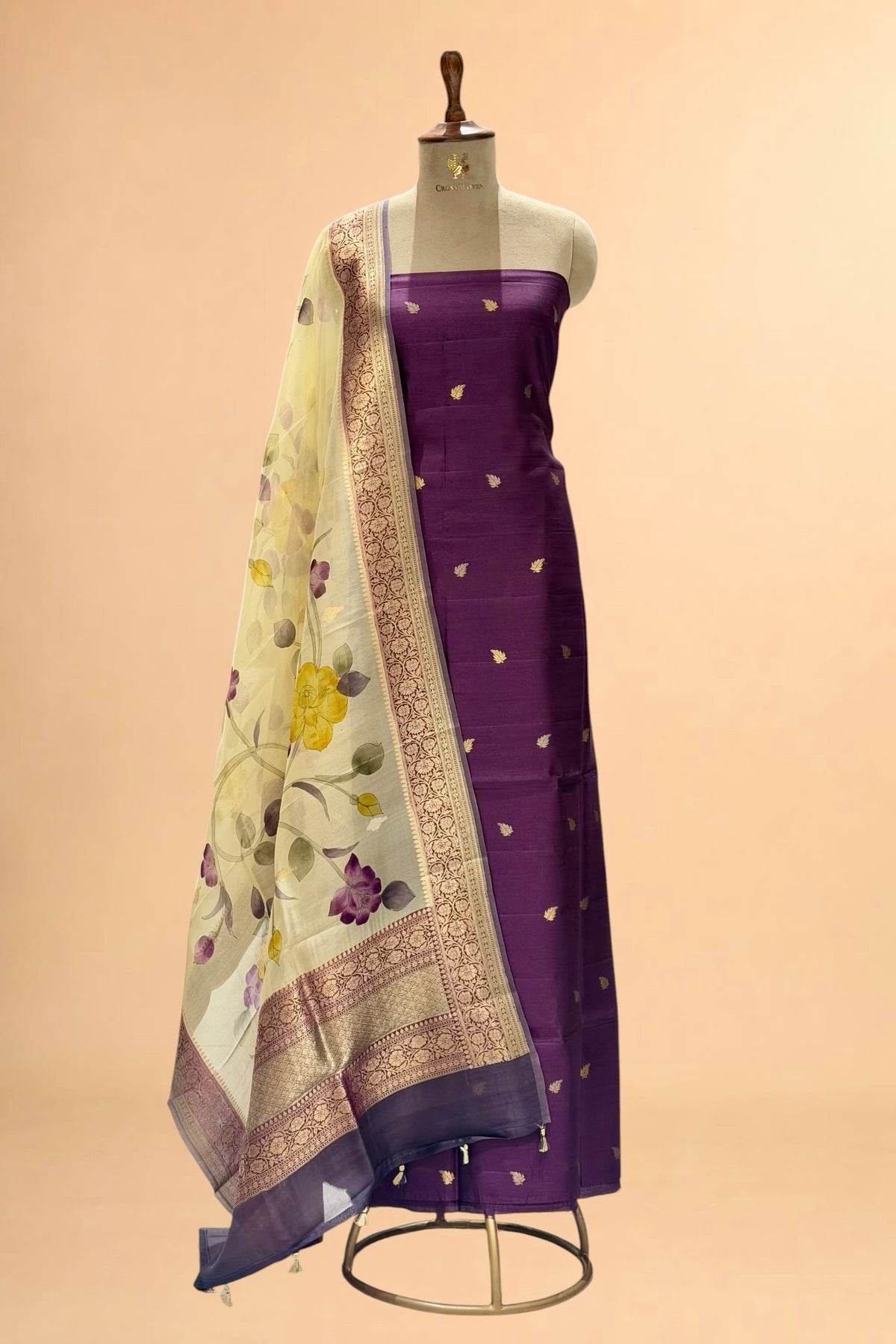 Deep Purple Chiniya Silk Suit Set With Handbrush Organza Dupatta
