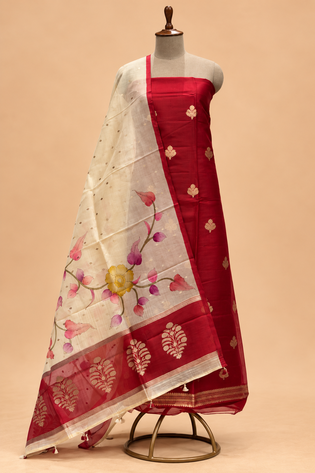Deep Red Organza Silk Suit Set with Hand Brush Painted Dupatta