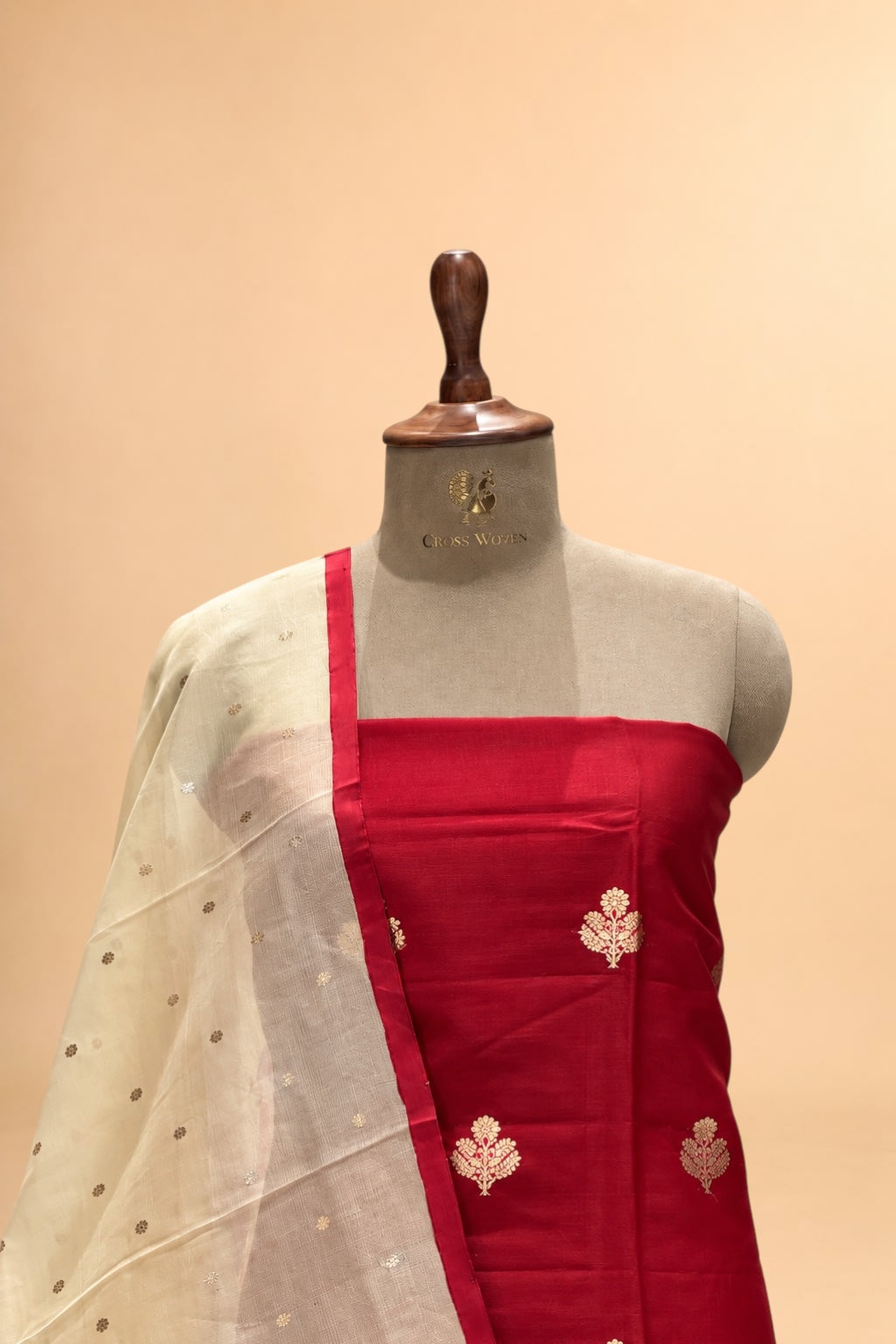 Deep Red Organza Silk Suit Set with Hand Brush Painted Dupatta