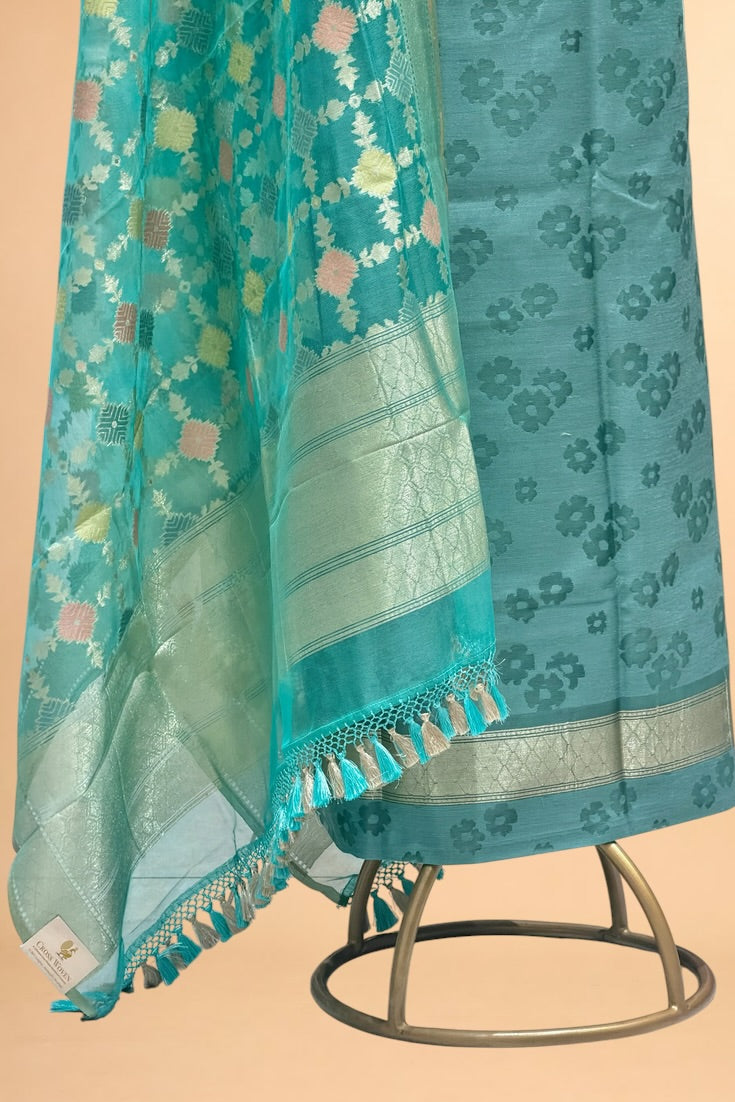 Dusty Blue Banarasi Pure Fine Raw Silk Suit Set with Meena Kora Net Dupatta