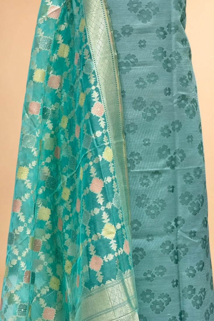 Dusty Blue Banarasi Pure Fine Raw Silk Suit Set with Meena Kora Net Dupatta
