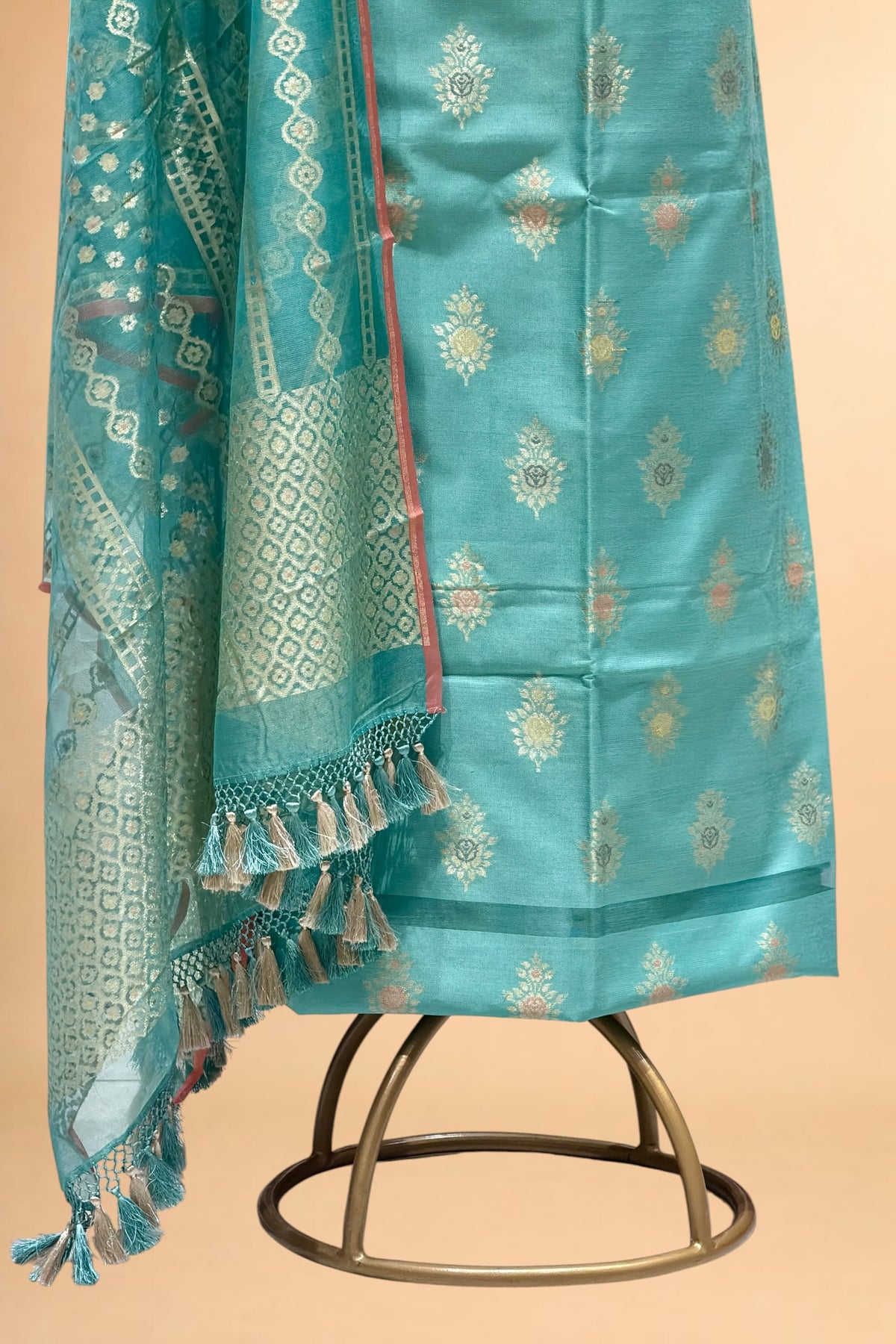 Dusty Blue Banarasi Pure Fine Raw Silk Suit Set with Meena Kora Net Dupatta