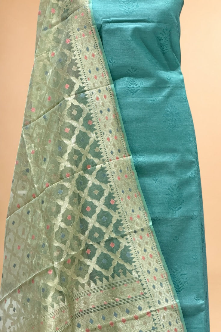 Dusty Blue Banarasi Pure Fine Raw Silk Suit Set with Meena Kora Net Dupatta