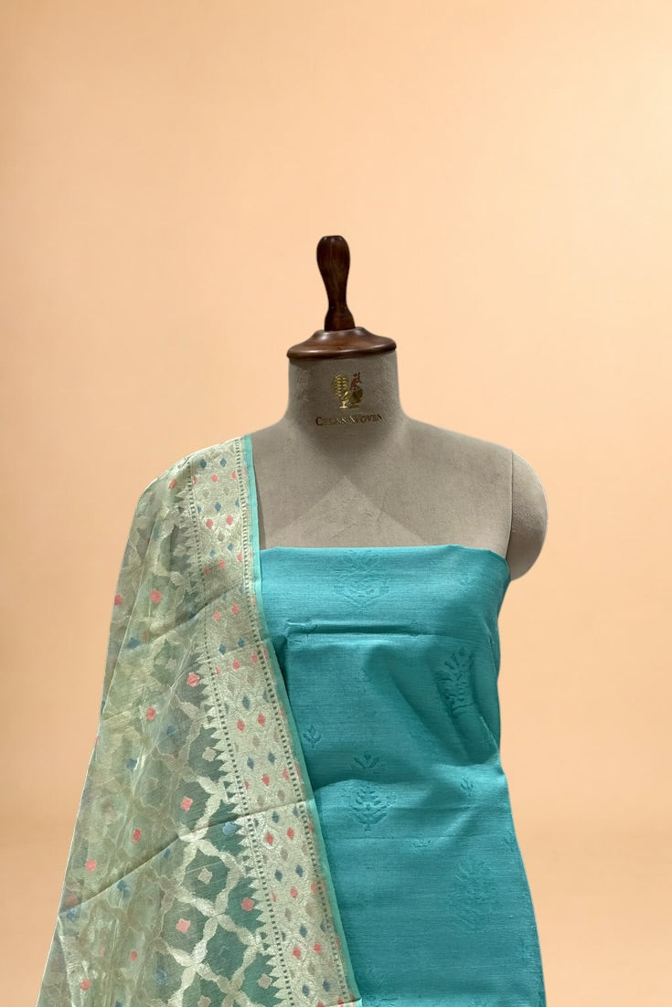 Dusty Blue Banarasi Pure Fine Raw Silk Suit Set with Meena Kora Net Dupatta