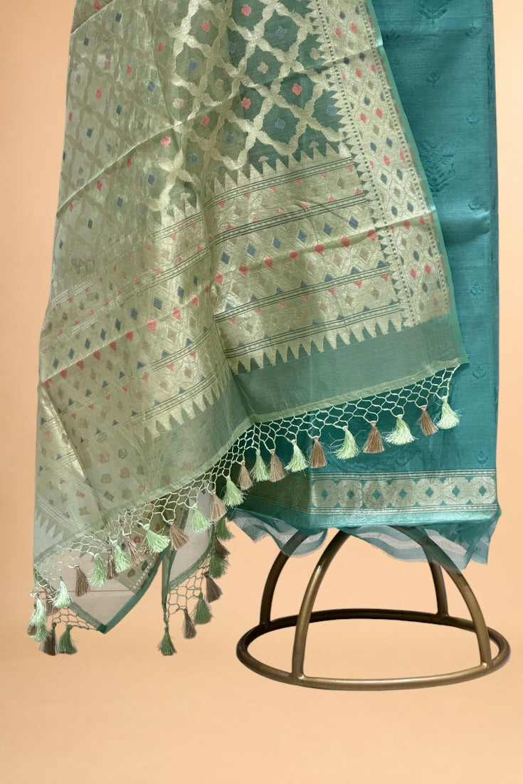 Dusty Blue Banarasi Pure Fine Raw Silk Suit Set with Meena Kora Net Dupatta