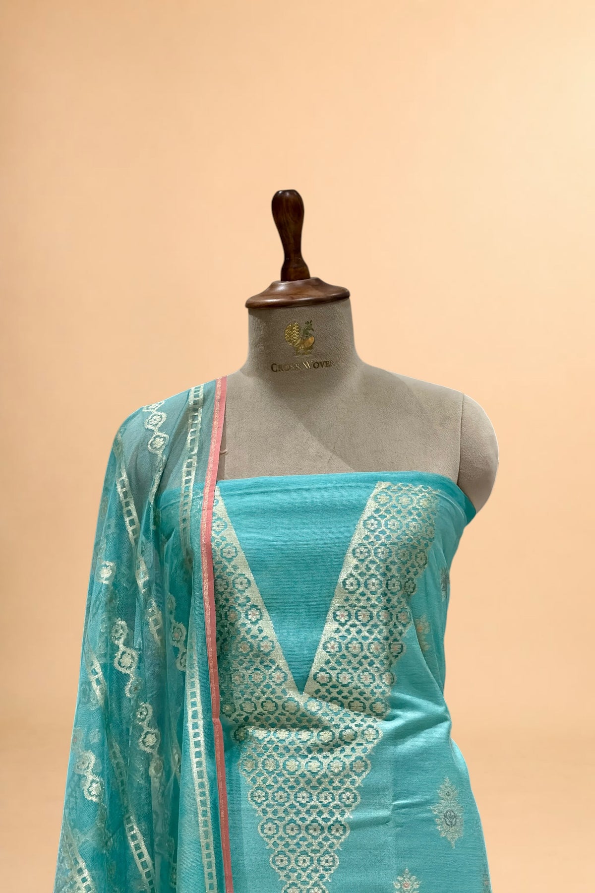 Dusty Blue Banarasi Pure Fine Raw Silk Suit Set with Meena Kora Net Dupatta