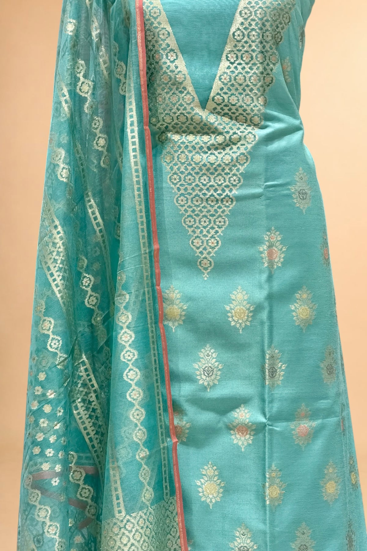 Dusty Blue Banarasi Pure Fine Raw Silk Suit Set with Meena Kora Net Dupatta